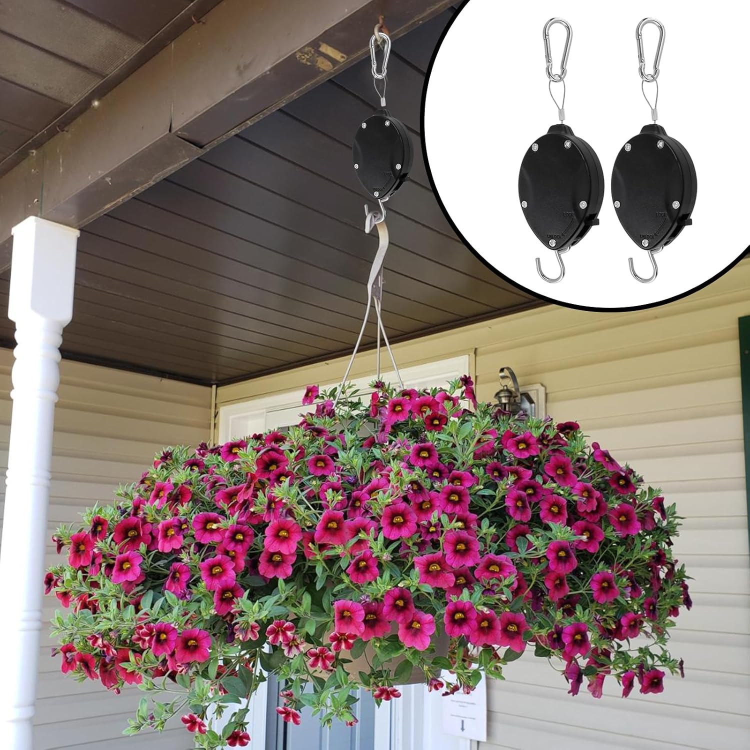 Retractable Plant Hanger Outdoor, Heavy Duty Adjustable Pulley with 63" Stainless Steel Rope, Pull Down Double Hooks for Hanging Baskets, Bird Feeders & Planters(4Pcs)