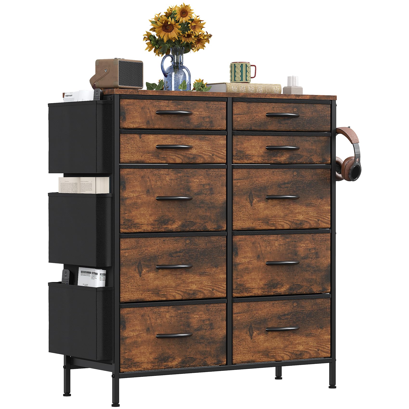 GoaHi Chest of Drawers Bedroom, 10 Fabric Drawers Storage unit with Side Pockets, Fabric Bins and Metal Frame, Storage Drawers for Bedroom, Closet, Hallway, Living Room, Rustic Brown