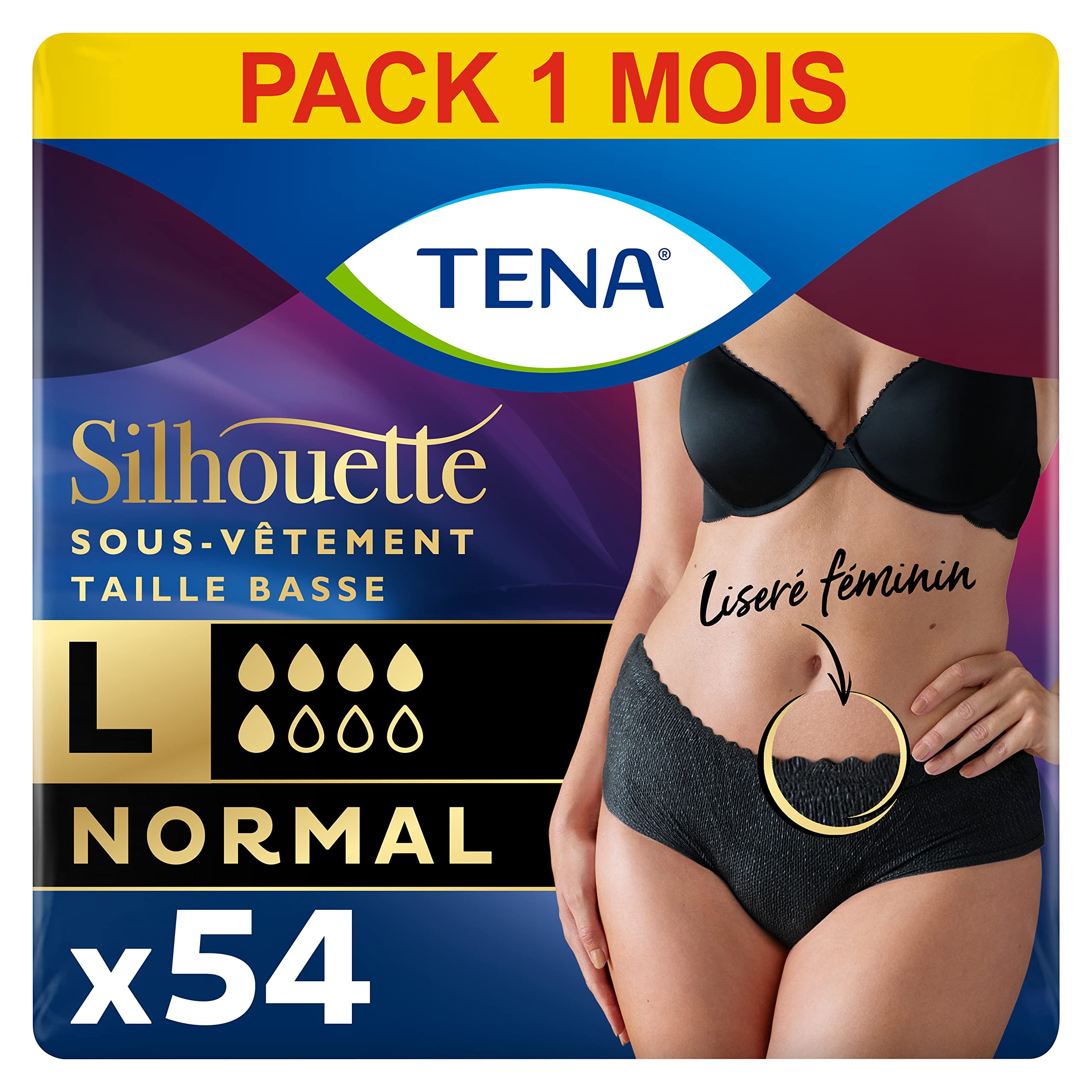 TENA Silhouette Normal niedrige Taille – saugfähige Einweg-Unterwäsche Inkontinenz Damen – nach der Geburt – für mittlere Blasenschwäche – Schwarz – Größe L – 54 Höschen (Packung 1 Monat)