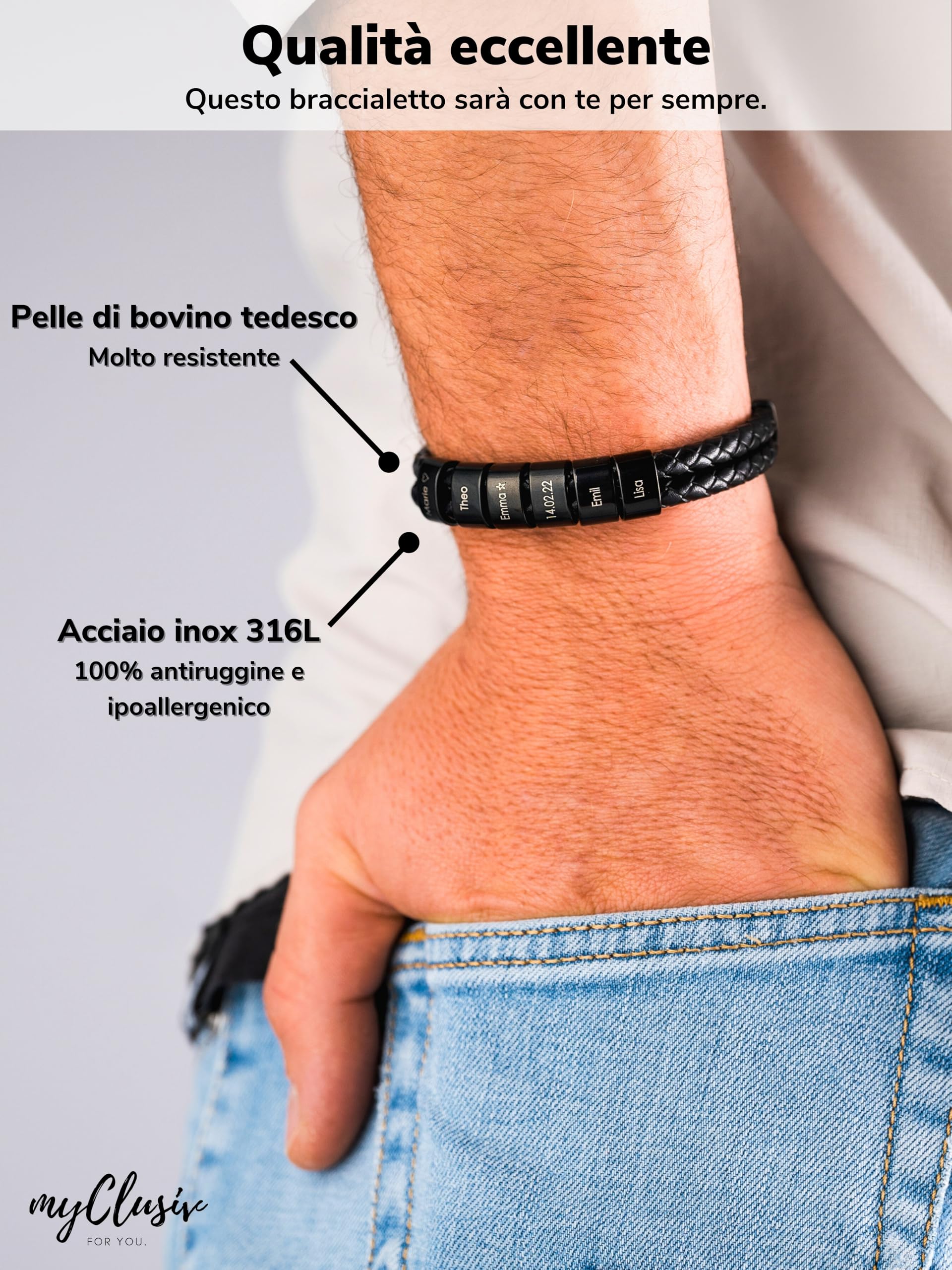Bracciale da Uomo in Pelle con Incisione Personalizzata – Regalo per Papà – Bracciale Nero in Vera Pelle con Nome