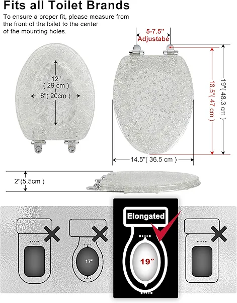 Elongated Resin Toilet Seat Glitter Silver, Slow Quiet-Close Lid and Seat, Heavy Duty Toilet Seats for Standard Toilet, Easy Installation & Cleaning (19Inch, Silver Foil, Upgraded hinges)