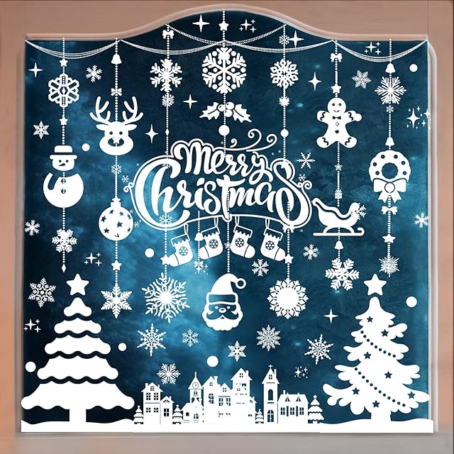 RMMD Christmas Window Stickers Christmas Scene 10 Sheets Xmas Window Stickers Christmas Window Clings Snowflakes Decals White Winter Snow Scene Christmas Tree Merry Christmas Window Decorations