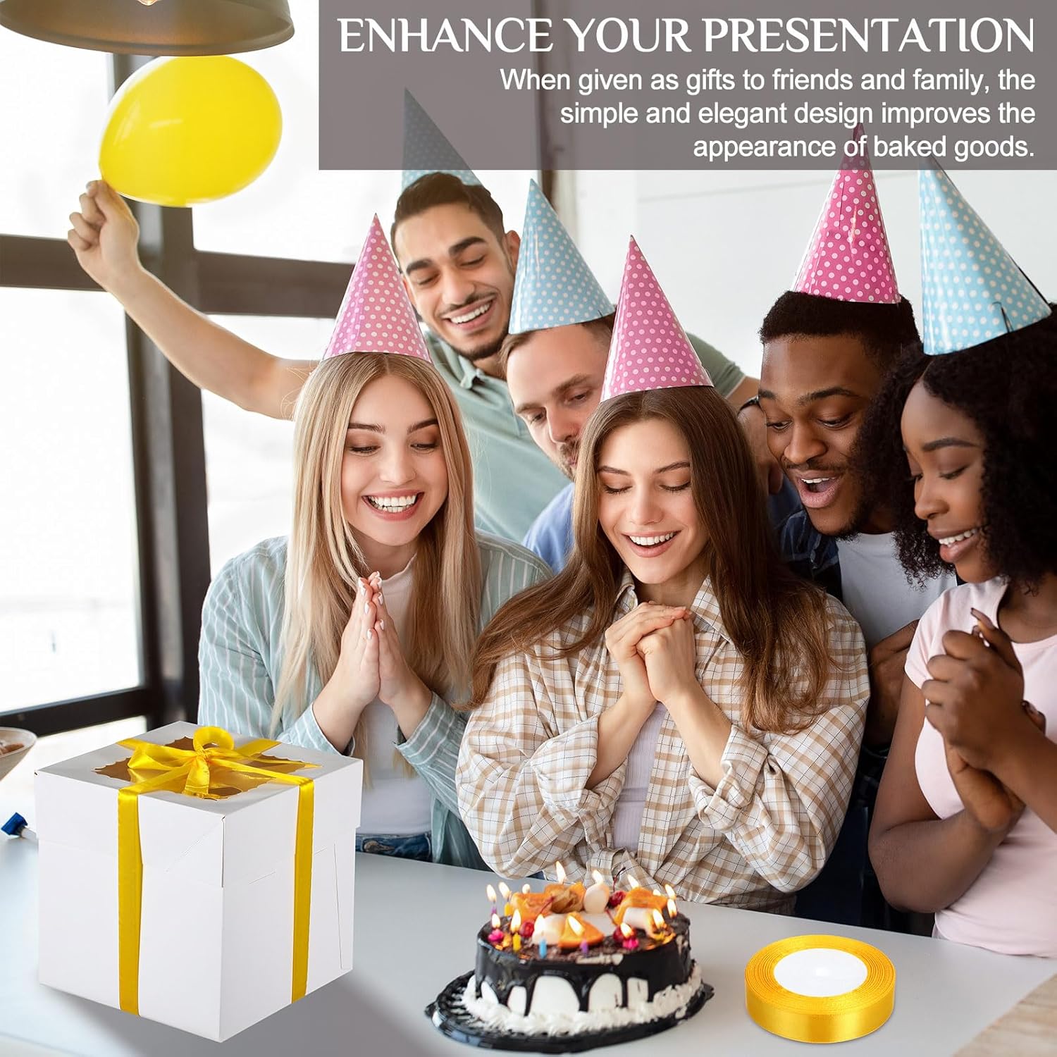 Teenyyou 48 Pcs Cake Boxes with Boards 24 Baking Boxes with Window 24 Cake Boards 2 Rolls Silk Ribbon Large Square Baking Storage in 3 Sizes 12x12x8, 10x10x8, 8x8x8 Inch Disposable Dessert Containers