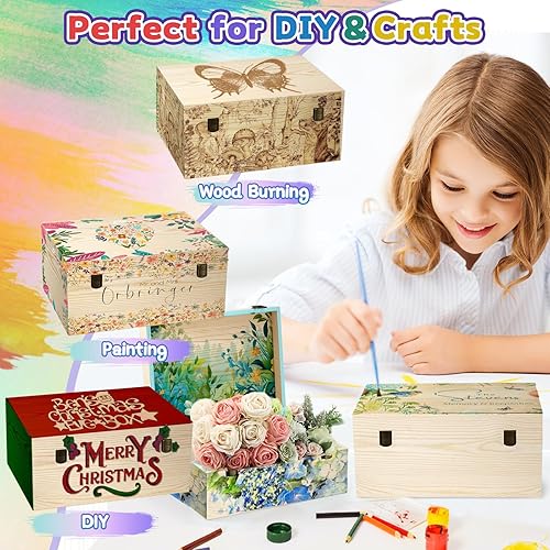 Miniatura 4 de Cajas grandes de madera sin terminar, juego de 2 tamaños, caja de madera con tapa con bisagras, cajas de madera grandes, cajas de recuerdos, para