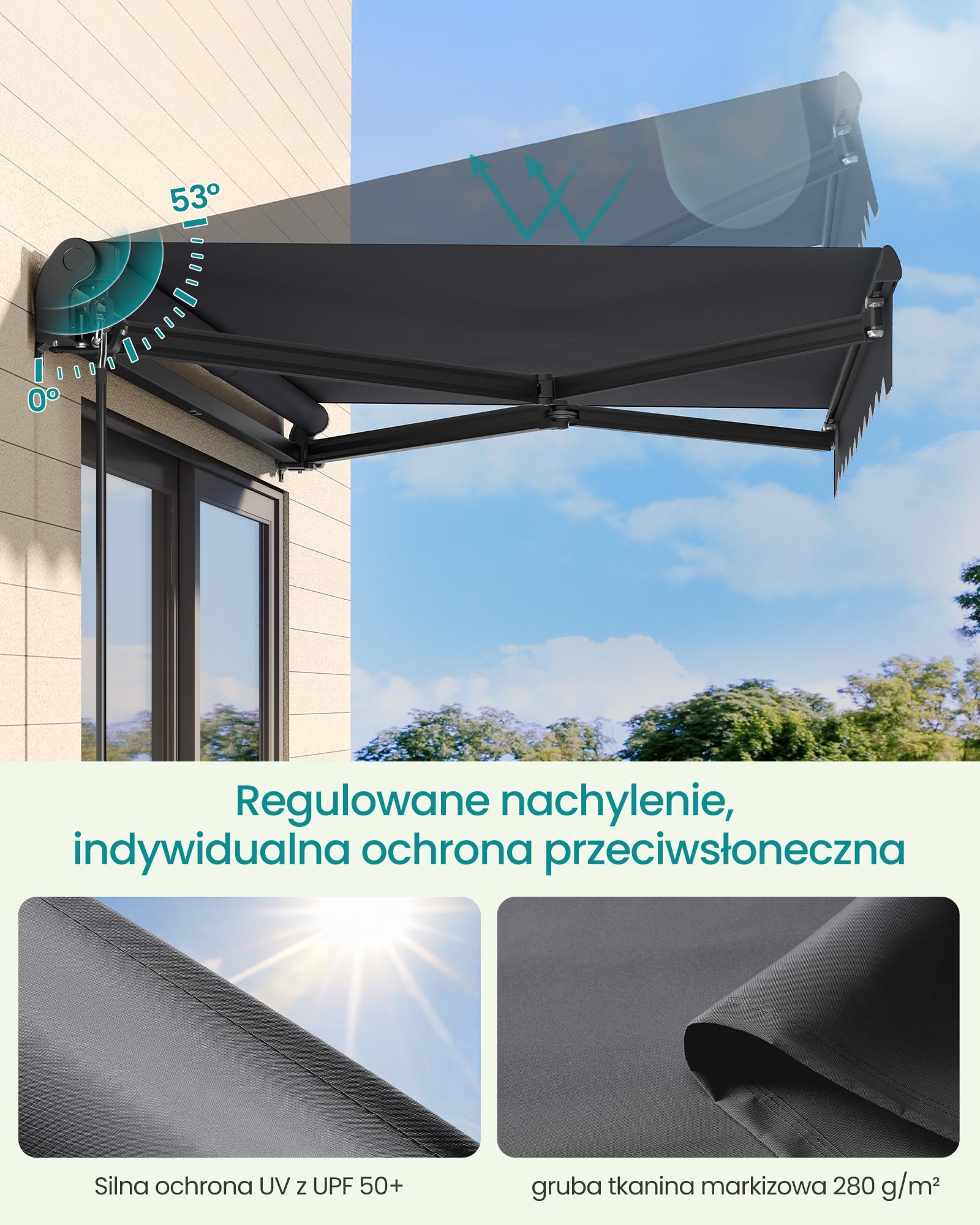 SONGMICS Markiza balkonowa z ramieniem składanym, z korbą ręczną, UPF 50+, stop aluminium, regulowana, 250 x 200 cm, szara GSA256GZ01