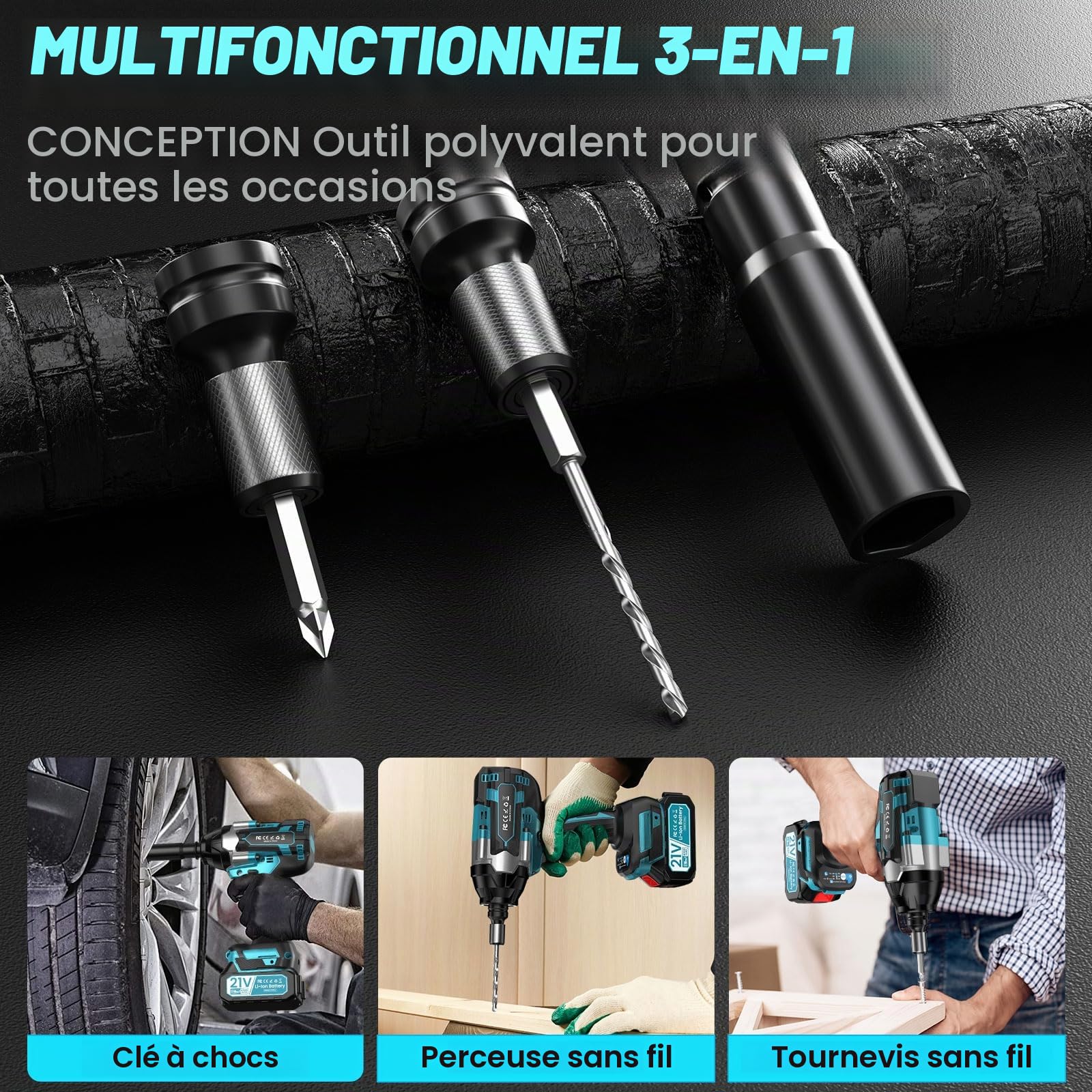 1000 N.m Clé à chocs, Boulonneuse a choc avec 1000 W Moteur Sans Balais, 2 x 4.0Ah Batteries,4 Douilles à chocs,4 Embouts de Vis, 2 Broches,1 x Sangle ergonomique,Cle a choc pour la Voiture,la Maison