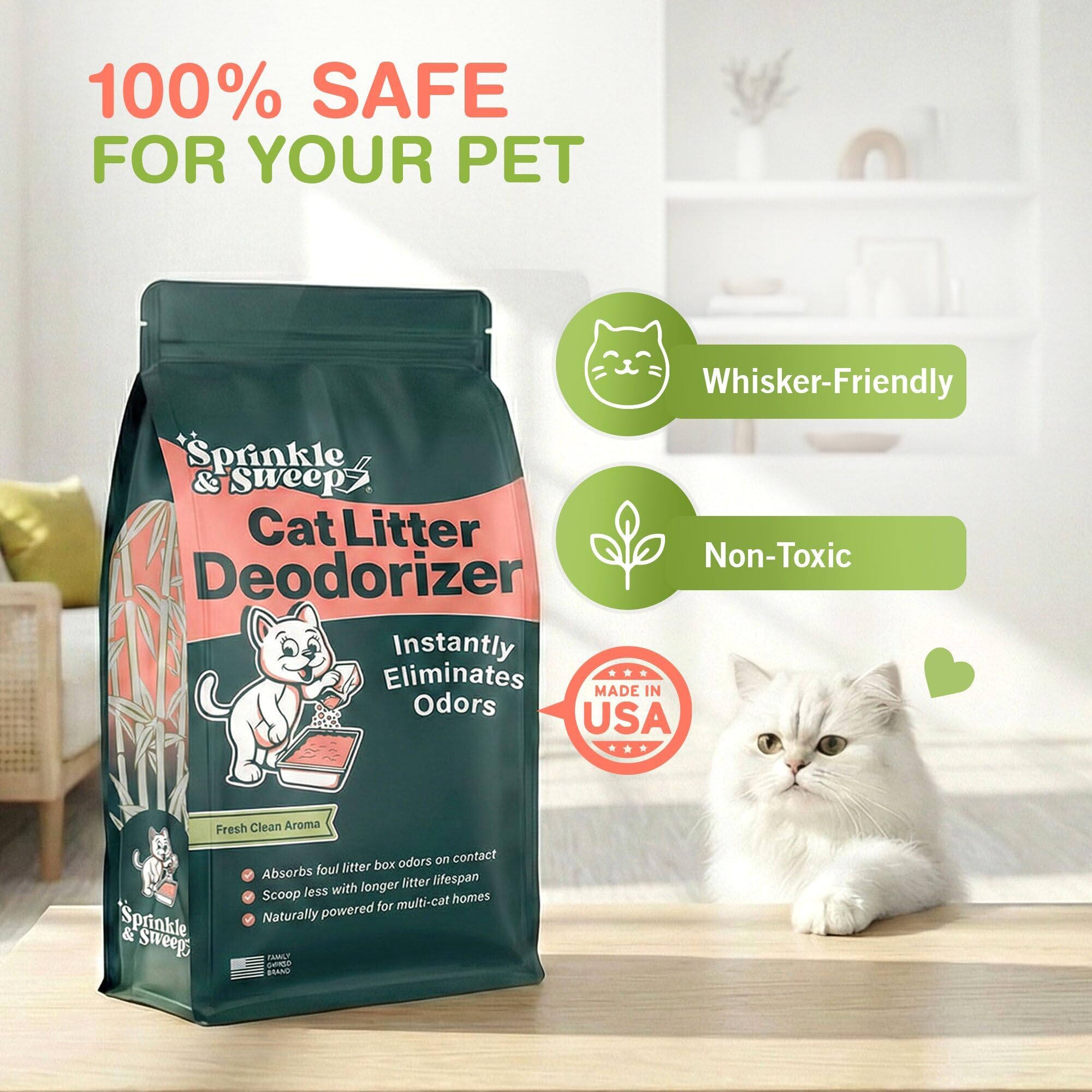 Sprinkle & Sweep Desodorante de caja de arena – Desodorante de arena para gatos no tóxico y seguro para gatitos – Desodorizador de arena elimina instantáneamente los olores sucios de arena y orina,