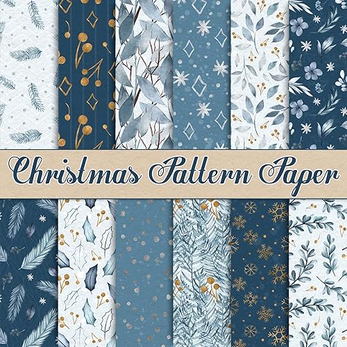 Whaline 24 piezas de papel con patrón de Navidad, acuarela, álbum de recortes de invierno, papel especial de copo de nieve blanco y azul, papel de