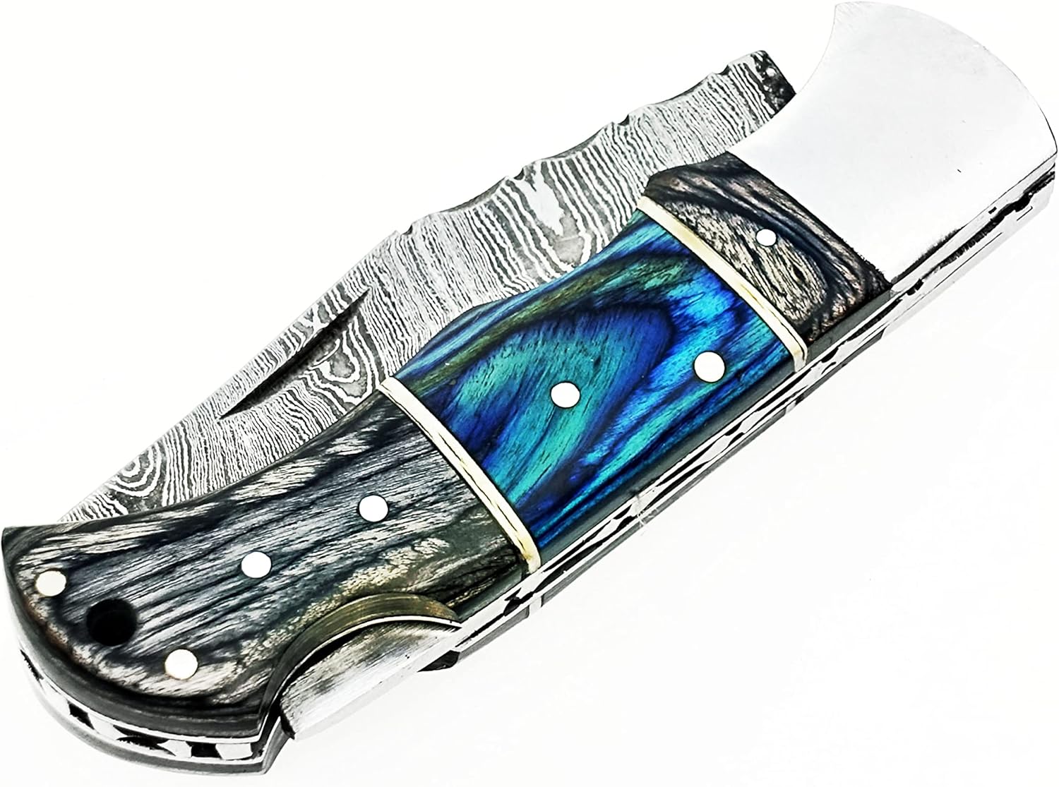 Damascus Steel Pocket Knife, Handmade Premium Quality folding Knife for men,Outdoor knife for Camping, Hiking, Back Lock Blade, with lether pouch (blue/black) (OB-09)
