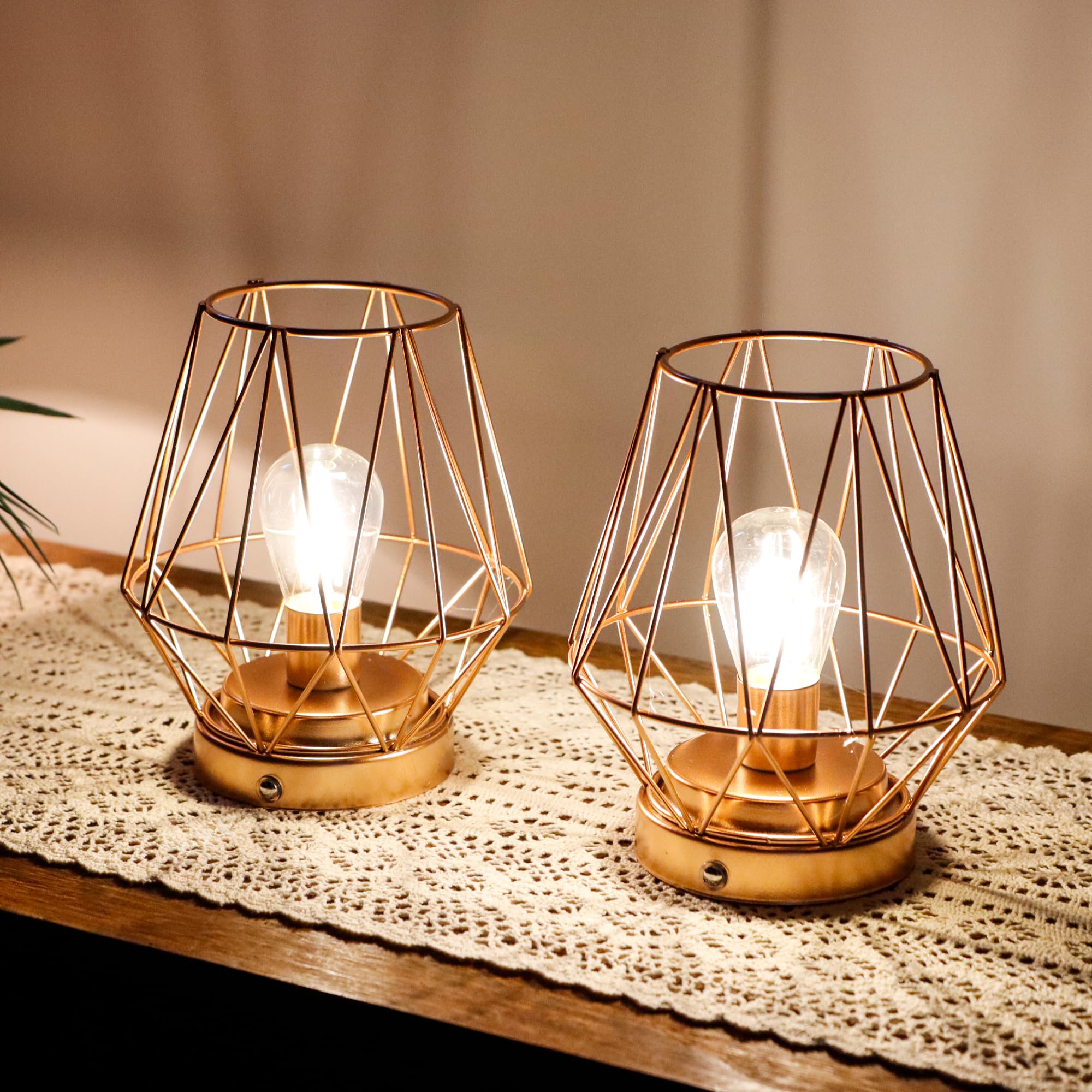 Zestaw 2 cylindrycznych metalowych lamp stołowych zasilanych bateriami, wys. 17 cm, ładowalne lampki nocne, kształt klatki, bezprzewodowe, dotykowe, ściemnialne oświetlenie LED do wnętrz, na zewnątrz