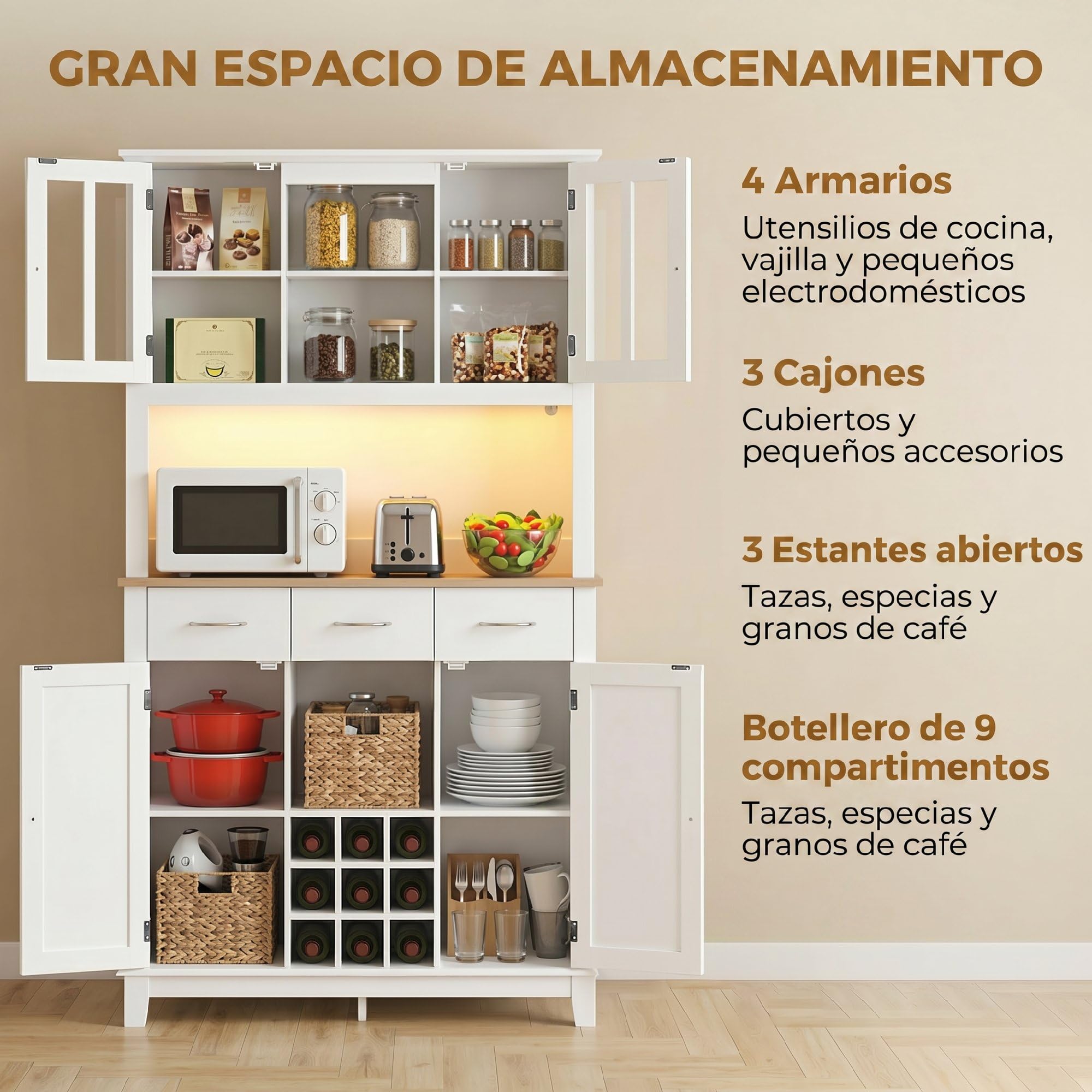 HOMCOM Alacena de Cocina con Iluminación LED Control por App, Armario Cocina Alta con Encimera para Microondas, Botellero, Puertas de Vidrio, Estantes Abiertos, 3 Cajones, Estantes Ajustables, Blanco