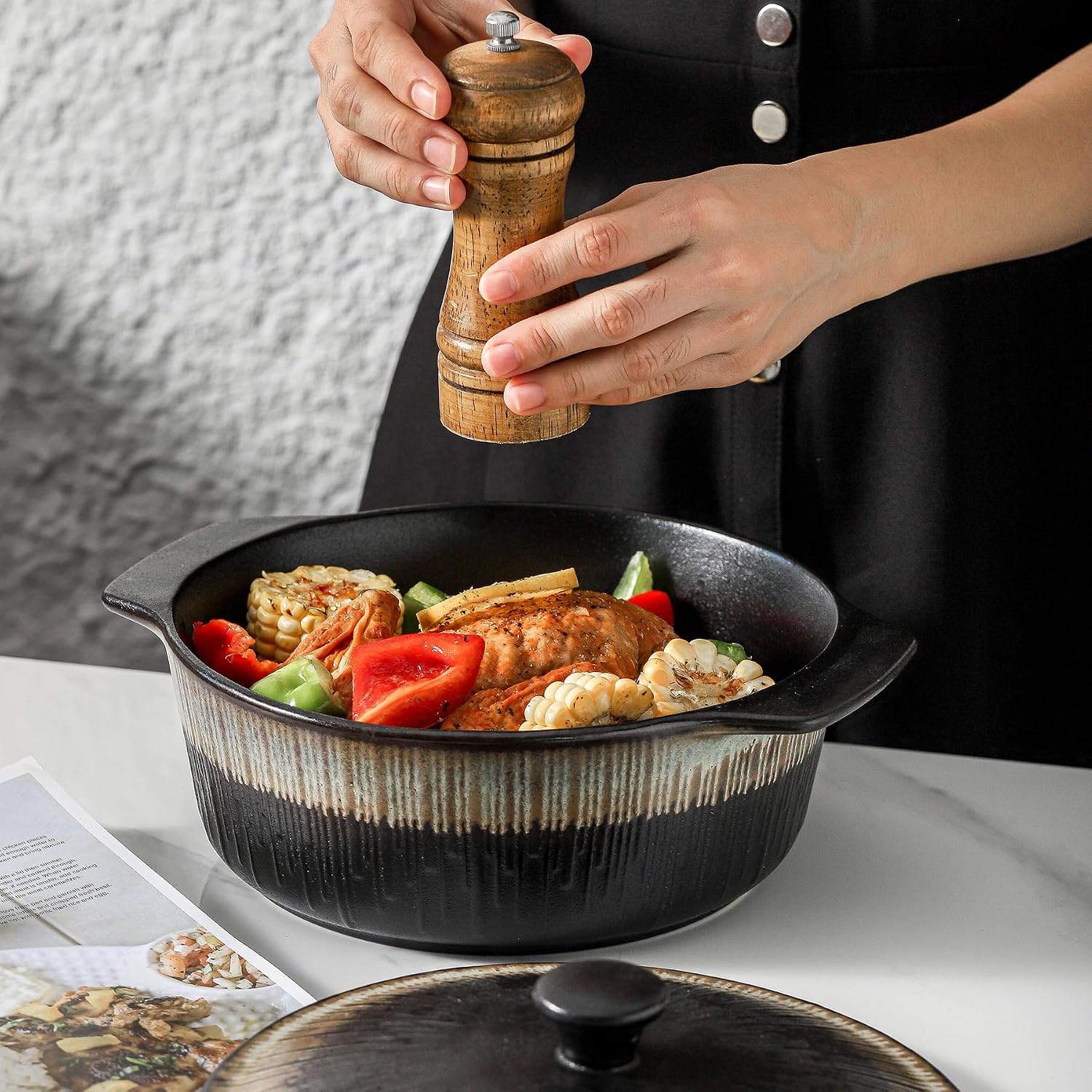 KOOV Ceramic Casserole Dish with Lid, 2 Quart, 9 inch, Rough Black