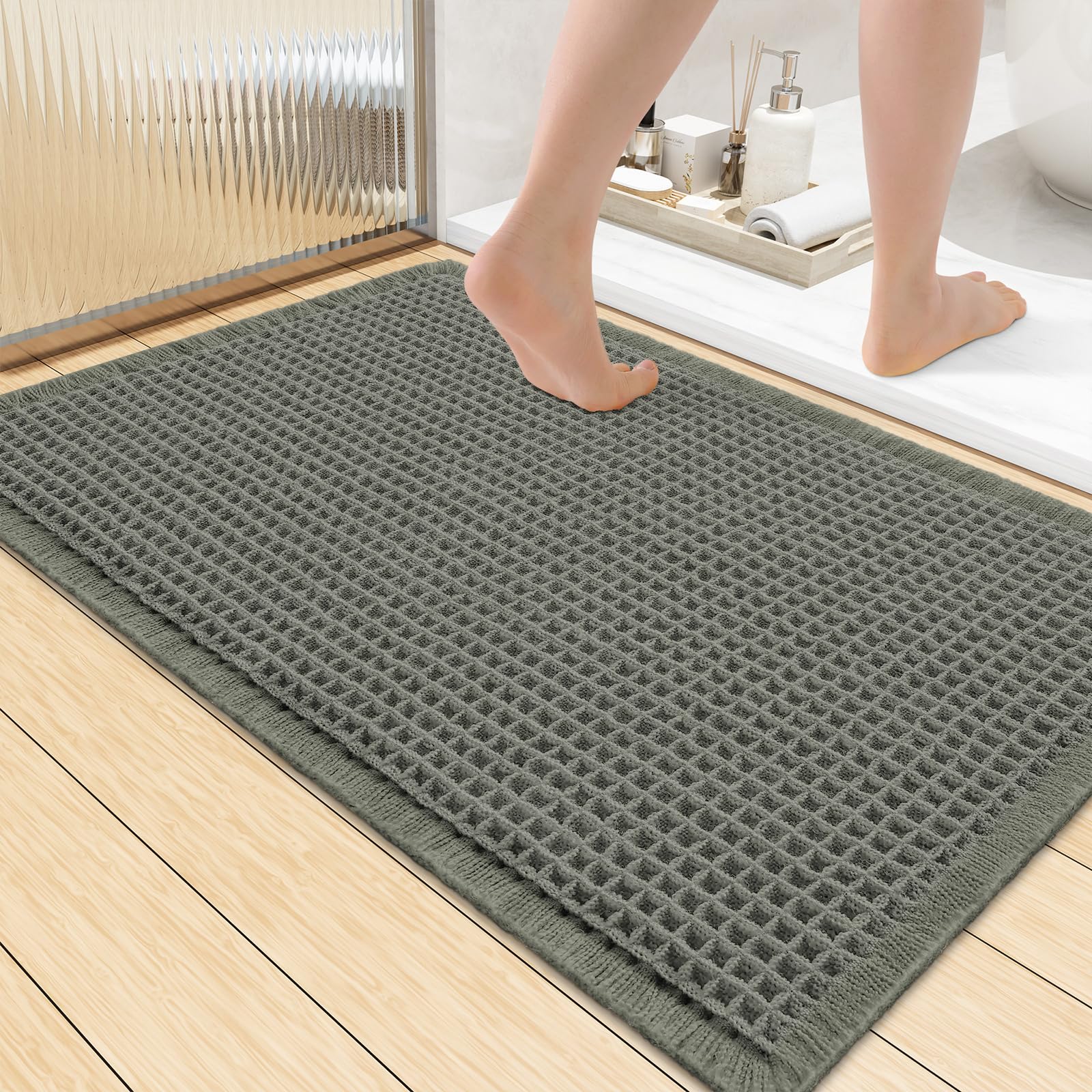 Smiry Waffle Bath Mat 36X24, Extra Soft Absorbent Bathroom Rugs, Green