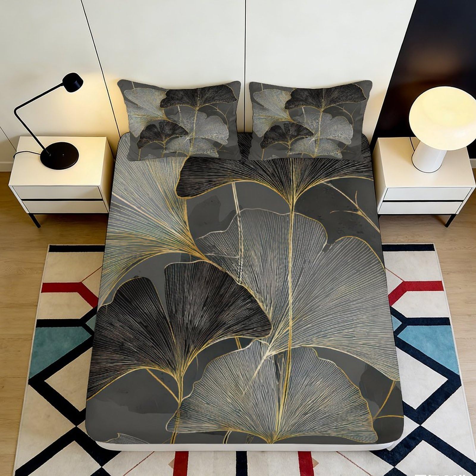 3D Printed Ginkgo Leaf Fitted Sheet Microfiber Soft Breathable Elegant Leaf Pattern Bed Cover for Bedroom Dormitory Guest Room Mattress Protection 90x200x25cm