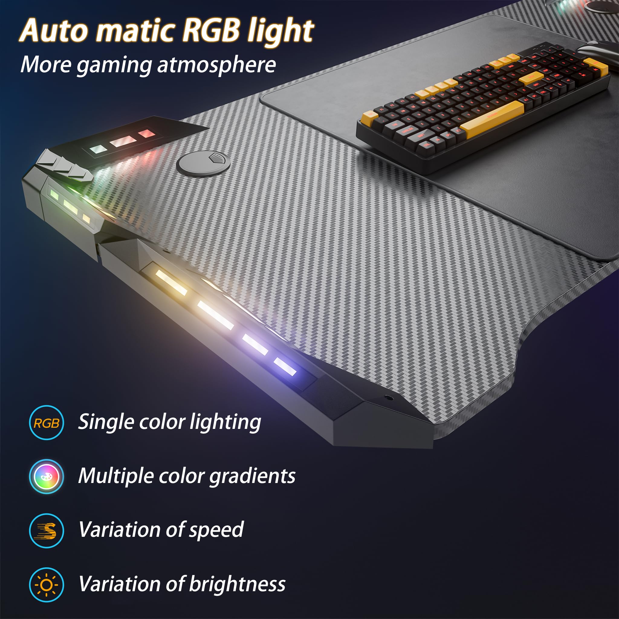 UISEBRT 160x60x73cm Mesa Gaming M-Frame con LED, Mesa de Ordenador con Portavasos y Gancho para Auriculares, Superficie de Fibra de Carbono, Mesa Gaming, Negro, Mesa Ergonómica Gamer para Dormitorio
