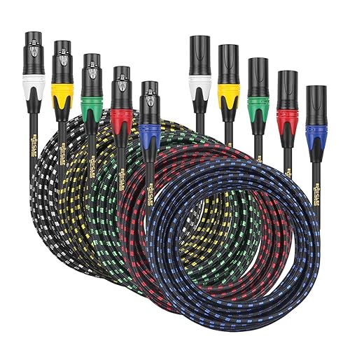 Miniatura 2 de Cable XLR macho a XLR hembra, 20 pies, paquete de 5 unidades, carcasa de aleación de zinc negro con diseño trenzado de 5 colores, cable de audio