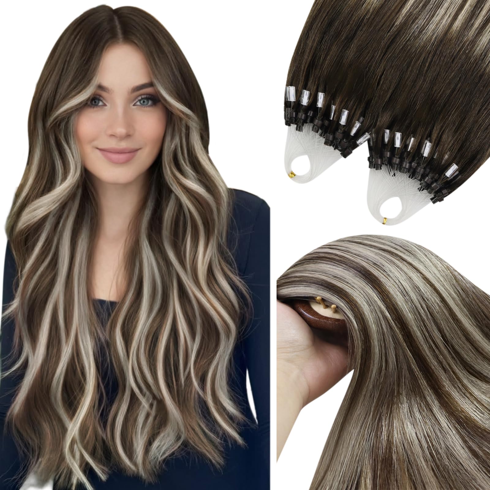 YoungSee Extensions Echthaar Microring Ombre 45cm Microring Extensions Echthaar Dunkelbraun Ombre Aschblond Micro Loop Hairextension Micro Hair Extension Remy Glatt 50g 4/18/4