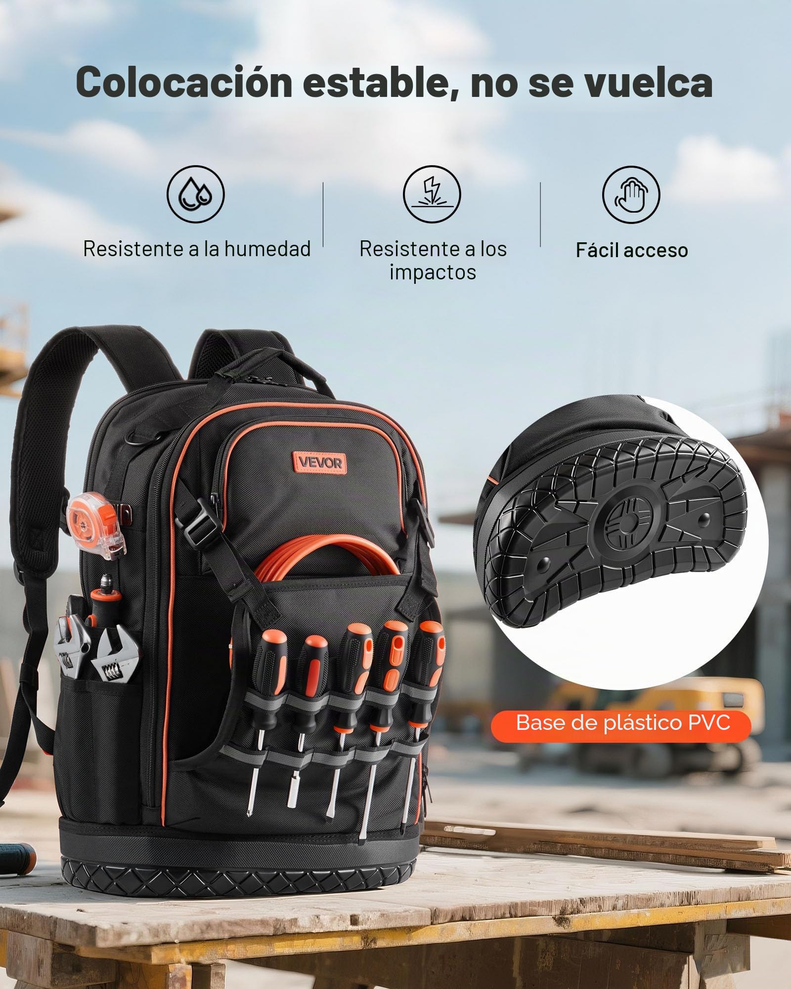 VEVOR Mochila para Herramientas, Mochila de Trabajo 370 x 195 x 520 mm con 65 Bolsillos, Compartimento para Portátil y Base Moldeada, Organizador de Herramientas para Electricistas, Reparadores