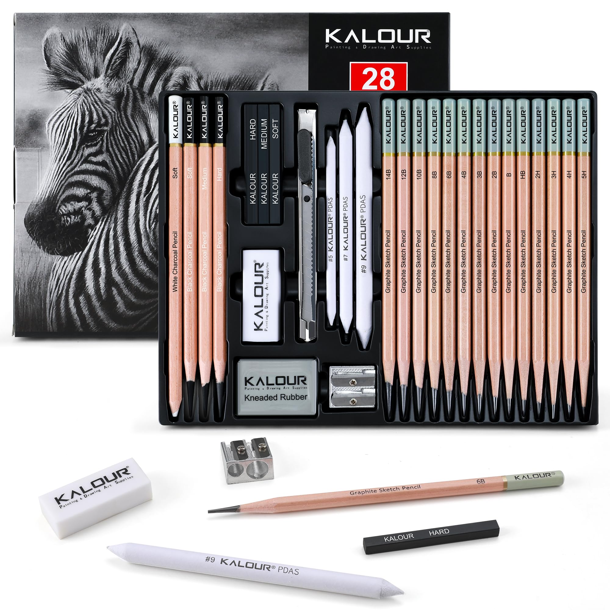 KALOUR 28 Pro Sketching Drawing Pencils Set 14 Graphite Pencils 14B 5H Charcoal Pencils Erasers Sharpener Stumps Complete