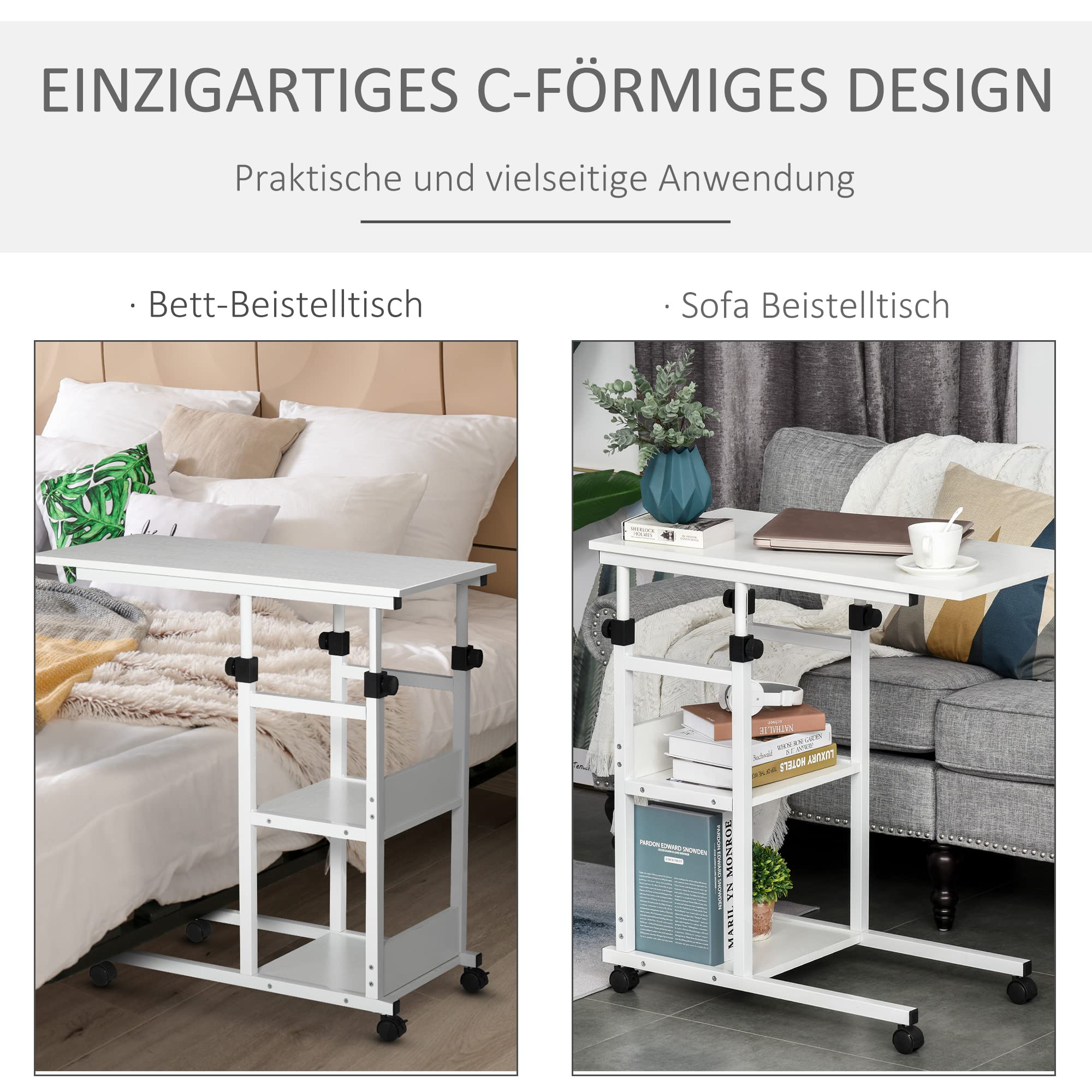 HOMCOM Beistelltisch Couchtisch mit Rollen 80x40x72-82 cm Weiß | Höhenverstellbarer Schreibtisch mit 2 unteren Regalen, Sofatisch Laptoptisch, Betttisch, für Esszimmer Wohnzimmer, Metall