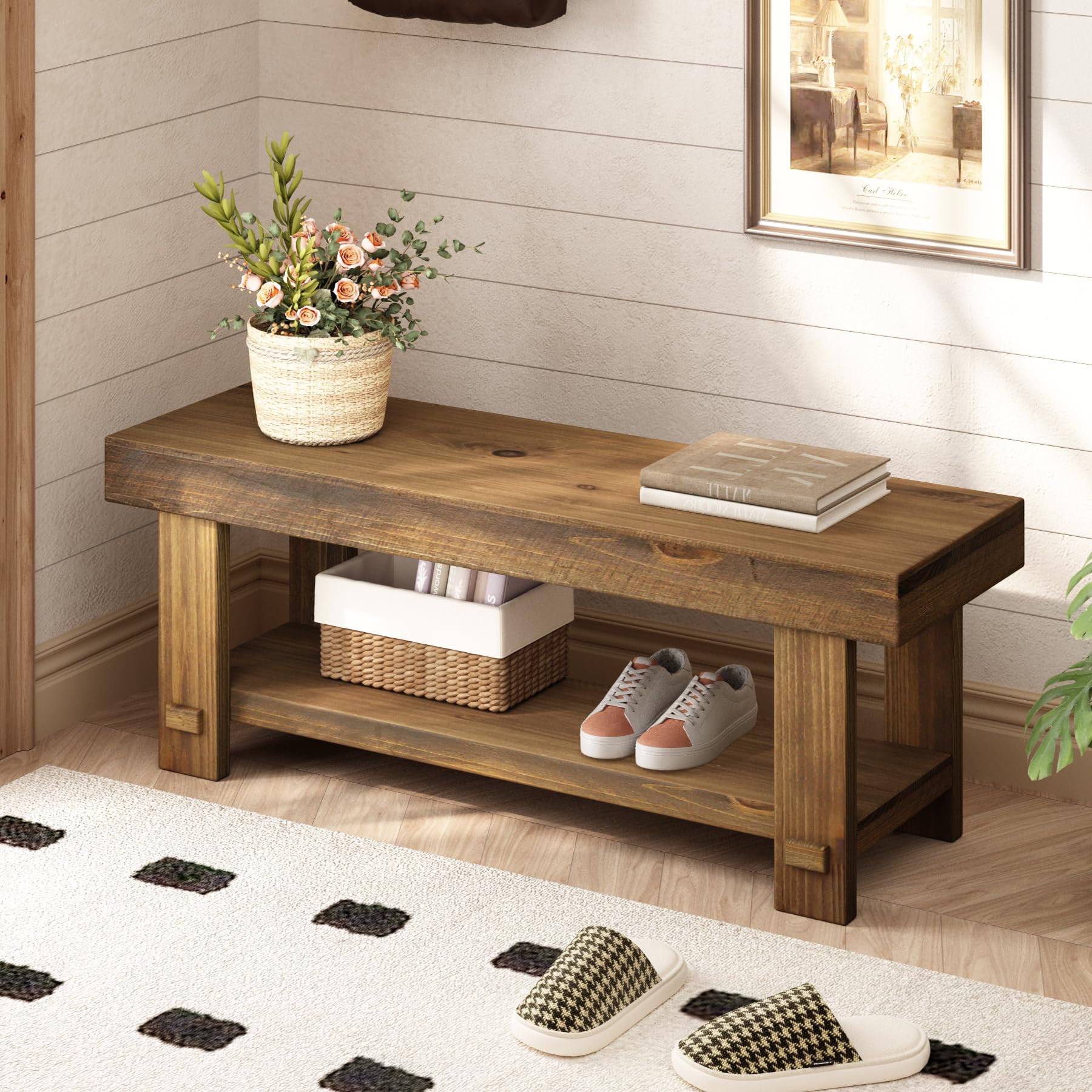 Solid Wood Entryway Bench - 42.6" Farmhouse Long Narrow Benches | Rustic Natural, Storage Bench, Easy Assembly, for Indoor, Entryway, Dining Room, Living Room, Bedroom and Hallway