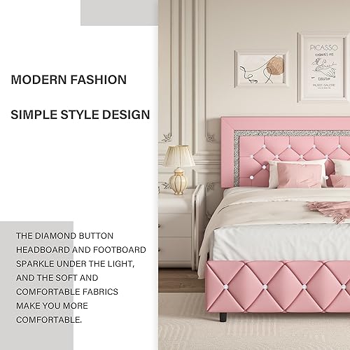 Miniatura 110 de BarnFurin - Base de cama matrimonial con cabecera capitoné, plataforma tapizada con diseño de diamante, base de colchón, soporte de listones de