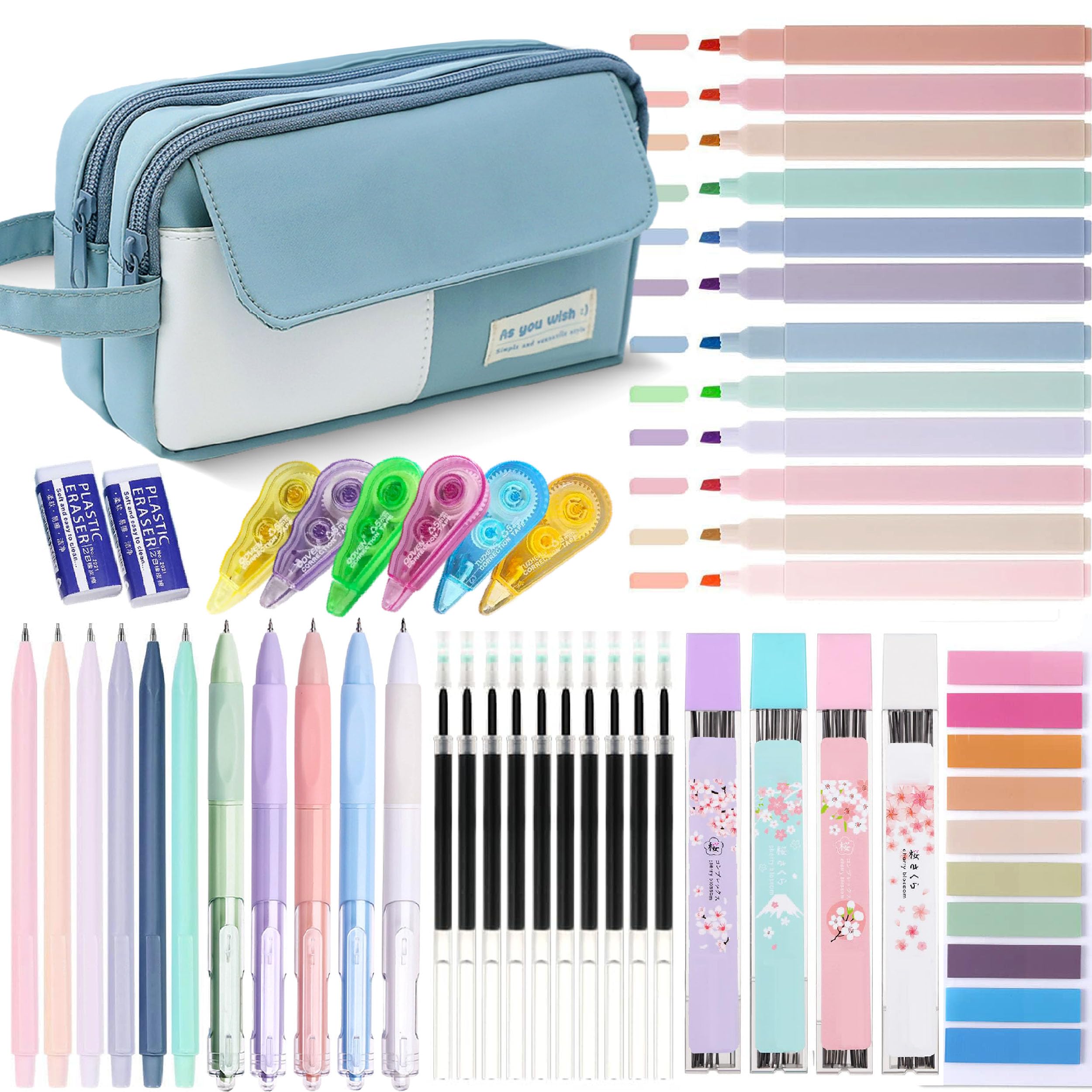 FLOE Set Di 62 Pezzi Di Cancelleria Estetica Per Scuola E Ufficio | Astuccio Grande Con Manico, Evidenziatori Pastello, Penne Gel E Matite Meccaniche