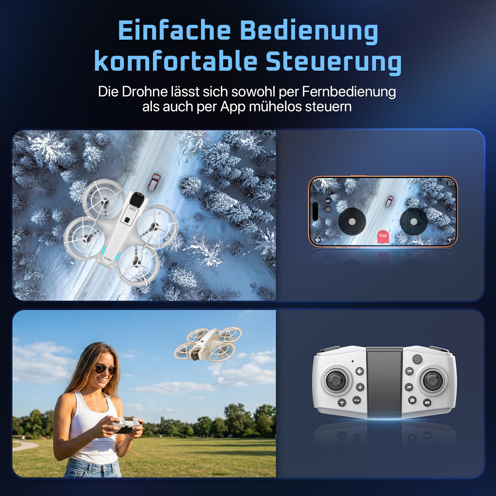 Rollei Fly Mini Drohne mit 720P Kamera RC Drone Quadrocopter mit Headless Modus 360° Drehung Steuerung per Fernbedienung und APP Unter 250 g für Einsteiger und Hobbyanwender Drohne-Drone-Quadrocopter