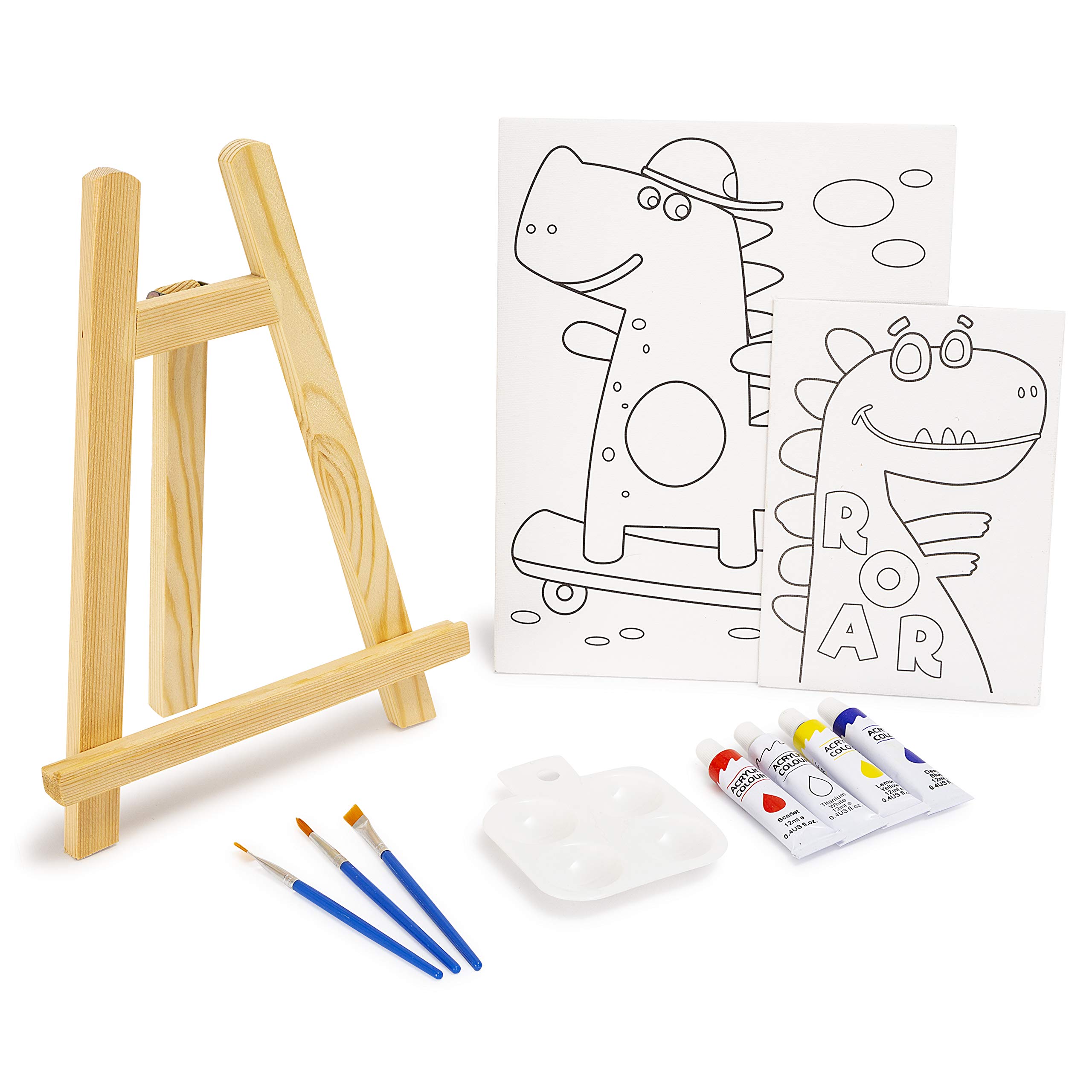 abeec Kids Art Easel - Kids Paint Set - Dinosaur Kids Arts And Crafts - Painting Canvas For Kids - Includes 2 X Canvases For Kids To Paint, Acrylic Paints, Kids Easel And Kids Paintbrushes