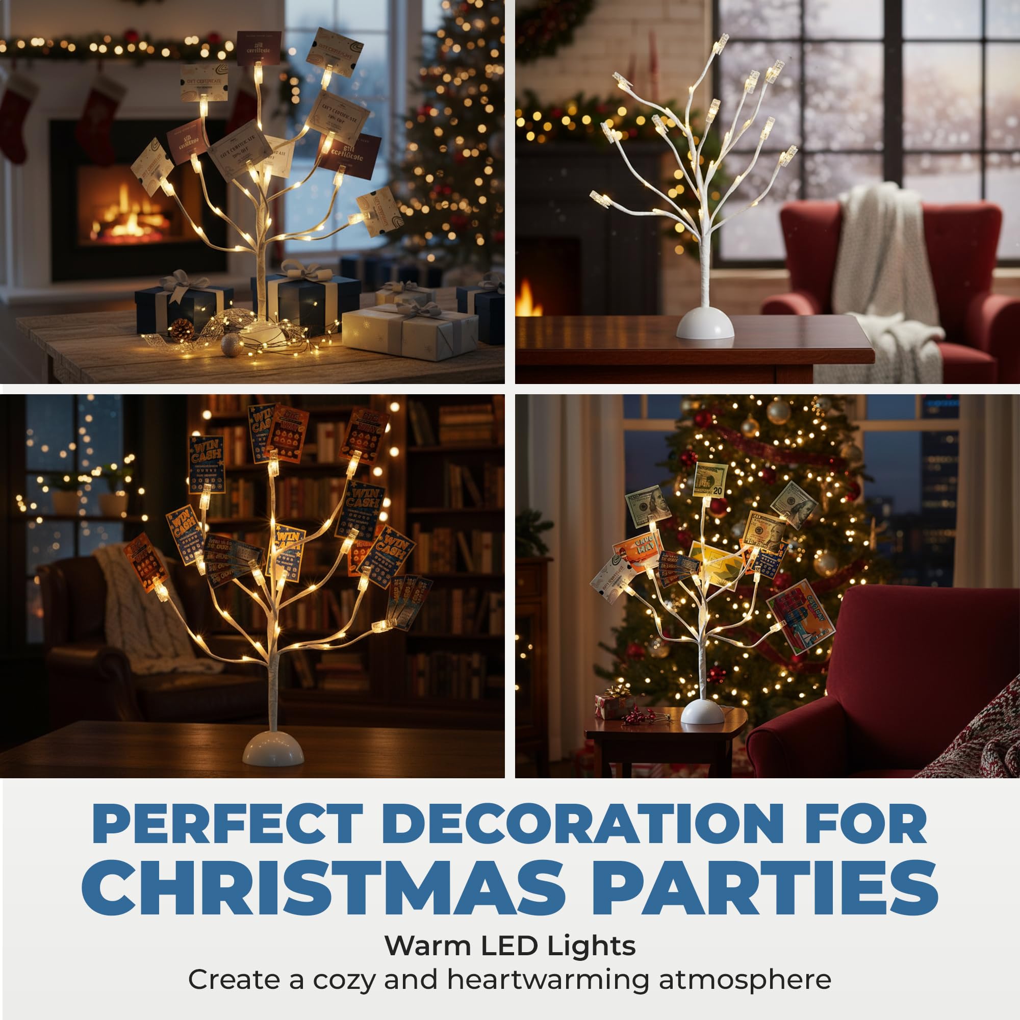 CraftyCrocodile LED Gift Card Tree Holder - Metal Display Stand with 10 Flexible Clips for Photos, Money, Lottery Tickets, Cards & Notes - 25 Warm Lights
