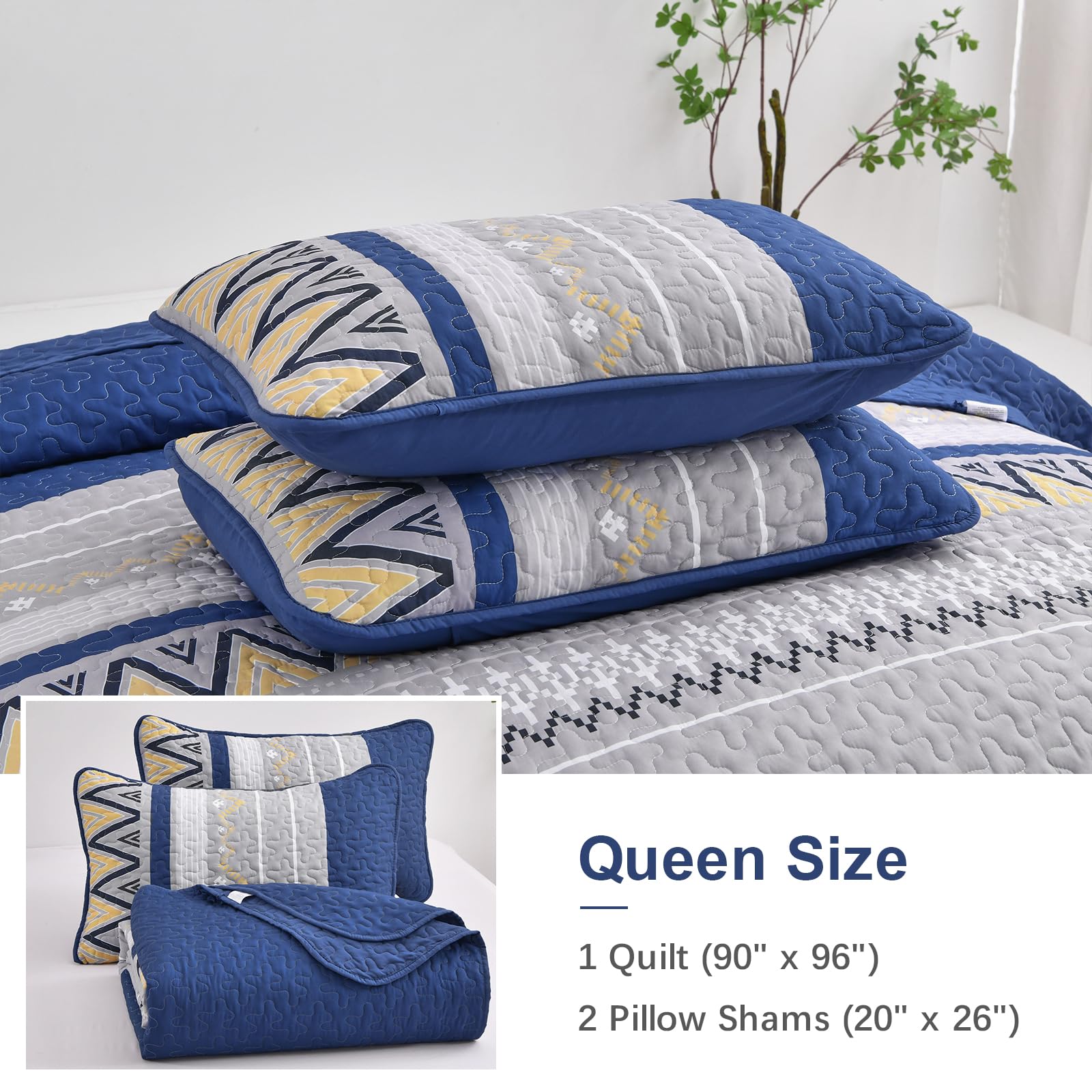 Menghomeus Boho Quilt Set Queen Grey Chevron Striped Bedding Bedspread Set 3 Pieces Bohemian Quilt Coverlet with 2 Pillowcases for All Season