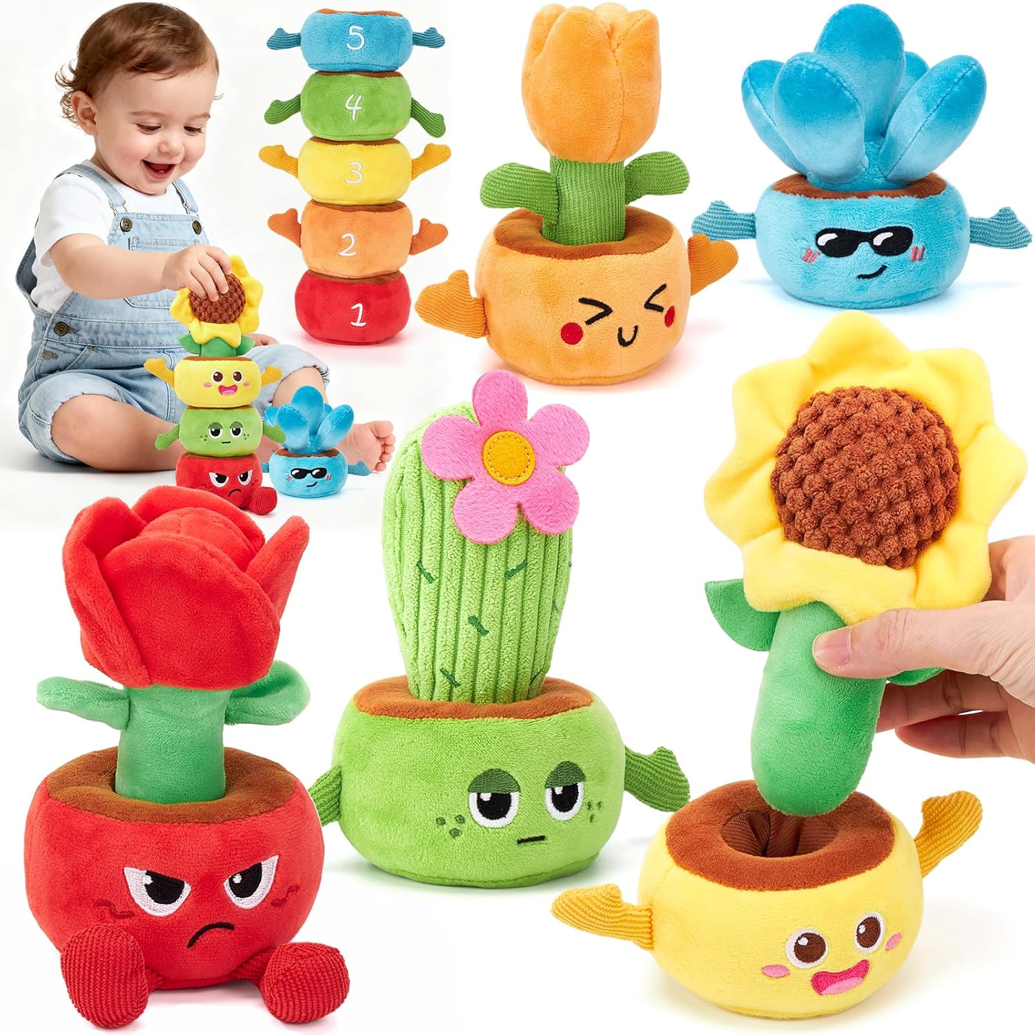 hahaland Juguetes Bebes 6-12 Meses - 10 en 1 Juguetes Apilables Macetitas de Tela con Sonajero, Flores Suaves - Juguetes Montessori para Niños 1 Años, Regalo Bebes 6 8 9 12 Meses