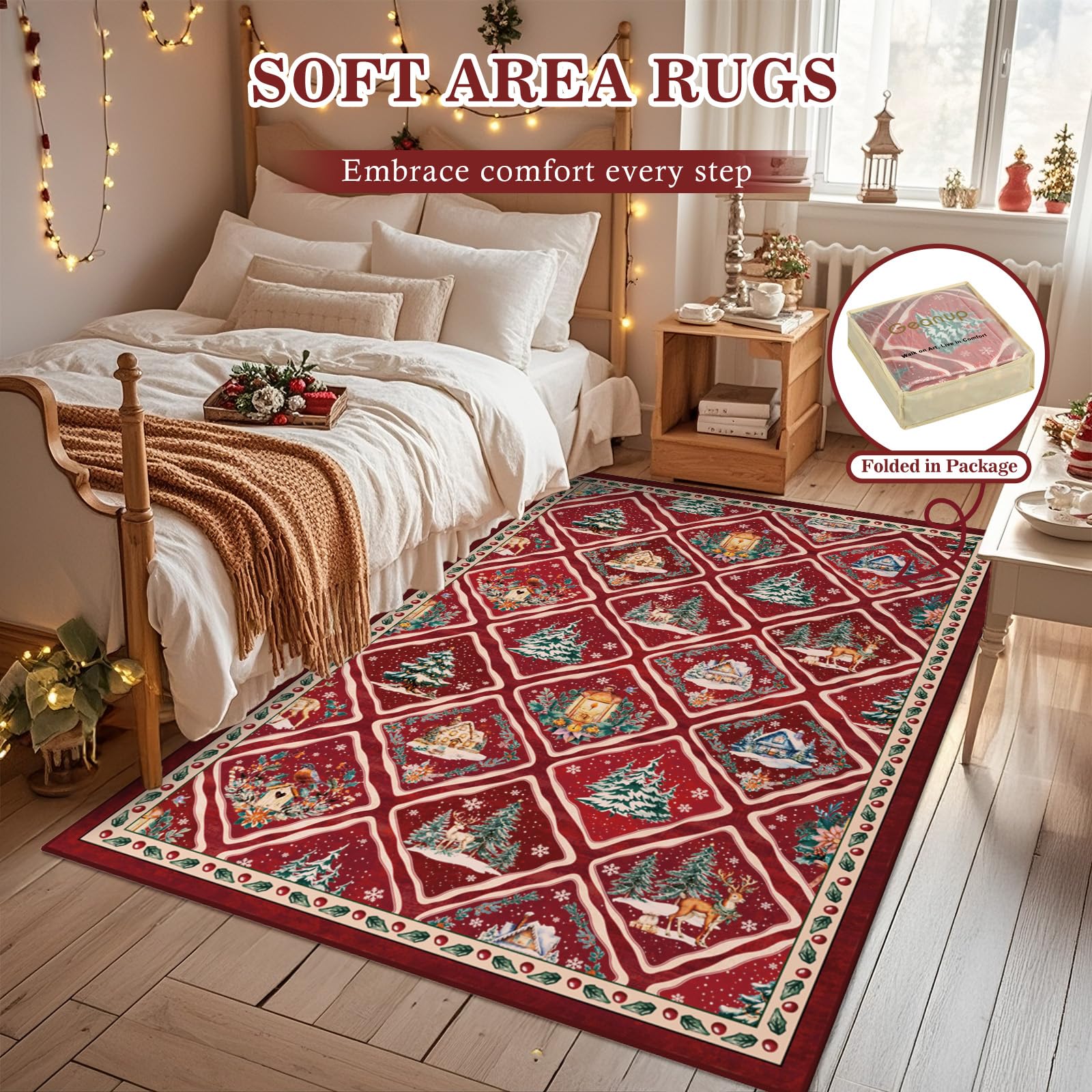 Tapis de Noël pour salon, 120 x 180 cm, lavable, rouge, antidérapant, doux, à poils courts, pour salle à manger, chambre d'enfant, bureau, décoration de vacances