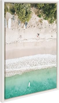 Kate and Laurel Sylvie Tropical Beach from Above Framed Canvas Wall Art by Amy Peterson Art Studio; 23 x 33; White; Beautiful Coastal Beach Home Decor