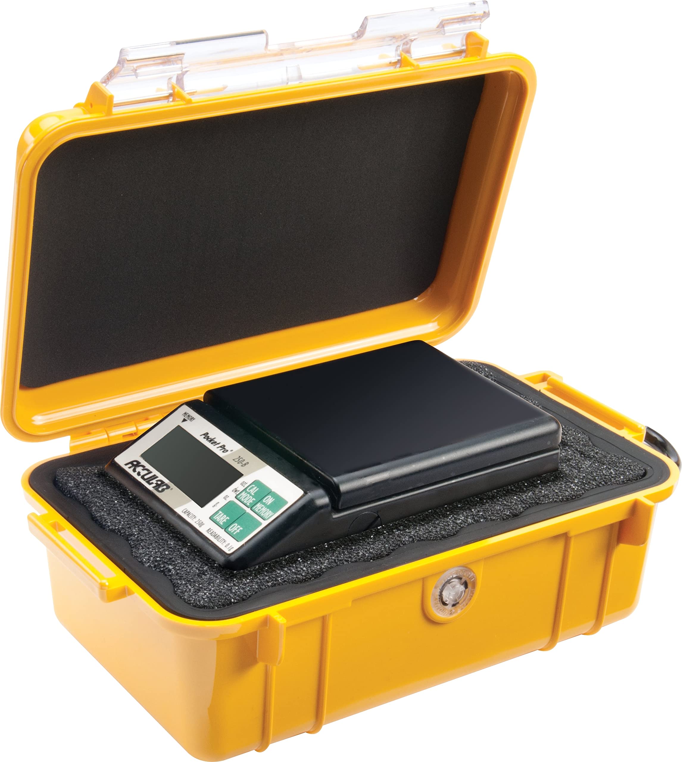 PELI 1050 Odporna na wstrząsy skrzynia Micro Case do ochrony smartfona i małych gadżetów, wodoszczelna (IP67), pojemność 1 l, wyprodukowana w USA, żółta/czarna wkładka
