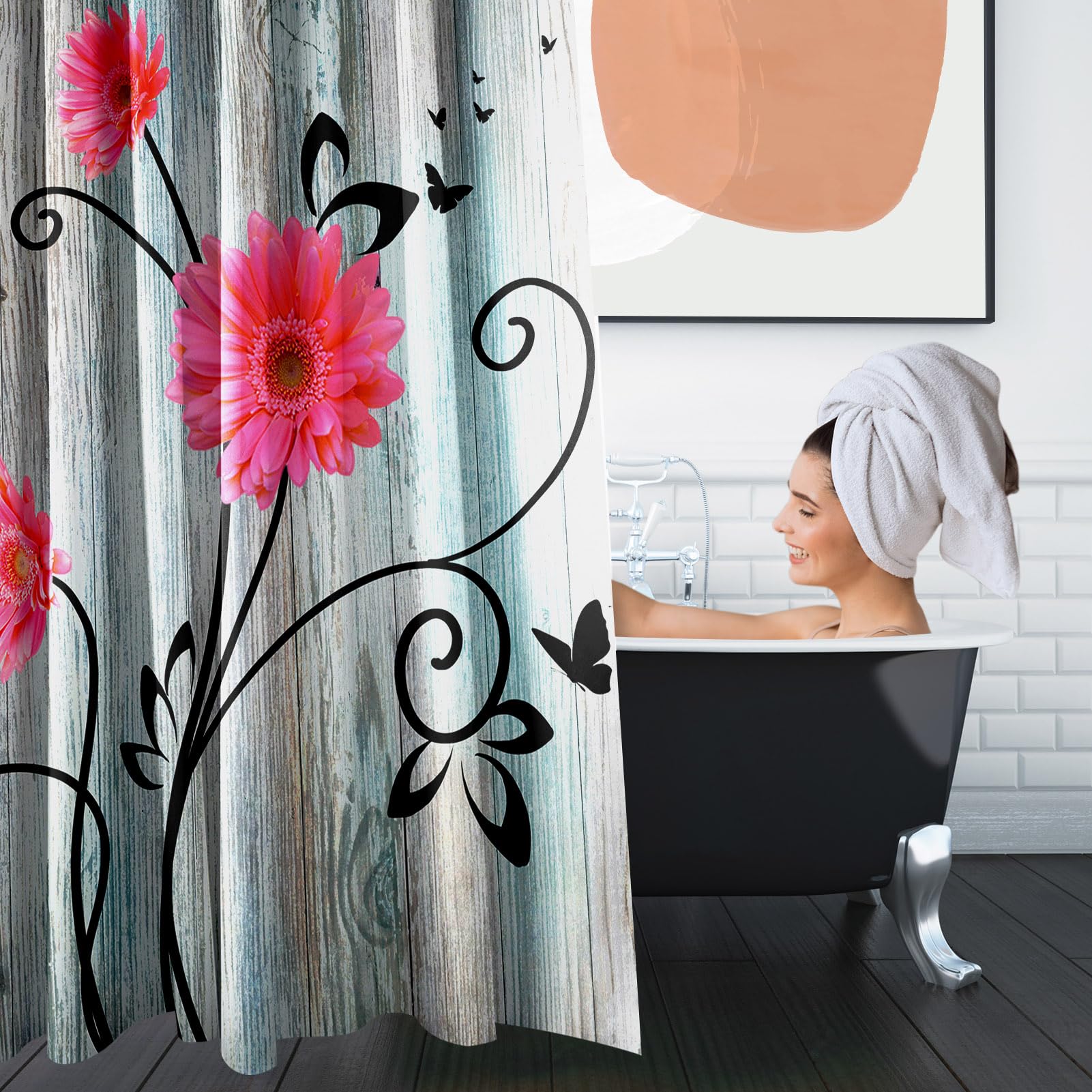 Set Bagno Rustico Con Tenda Doccia E Tappetino Margherite - 183x182,9 Cm, Marrone Vintage, 12 Ganci Inclusi