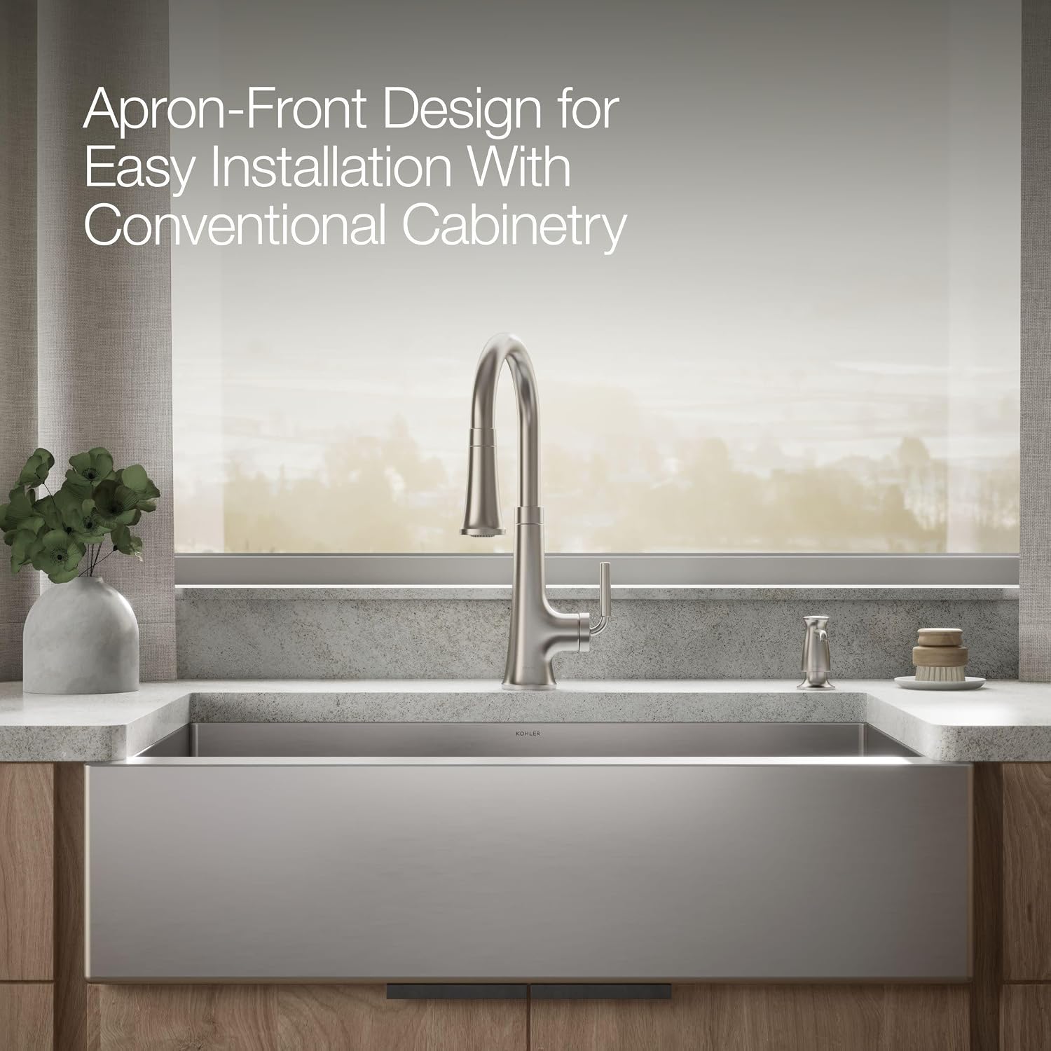 KOHLER Strive® 35-1/2" Large Single-Bowl Farmhouse Undermount Kitchen Sink with Tall Apron, Self-Trimming, Stainless Steel Kitchen Sinks, K-5415-NA