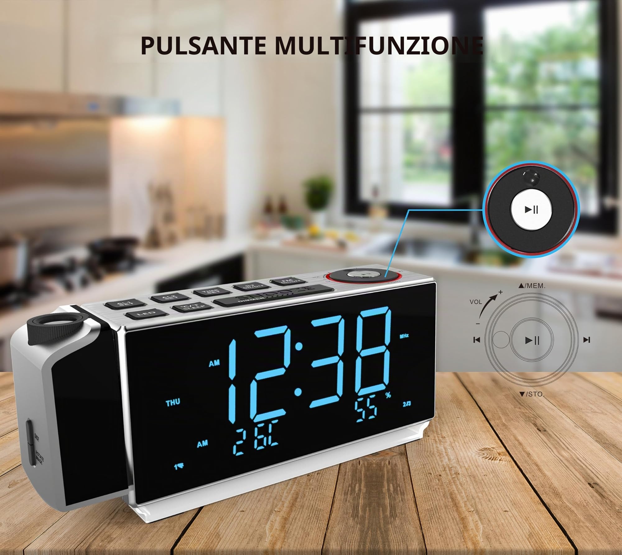 iTOMA Sveglia a Proiezione con Radio FM, Ricarica USB, Display a LED da 1,8", Luce Notturna, Doppio Allarme, Snooze, Controllo Dimmer, Radiosveglia da Comodino CKS509