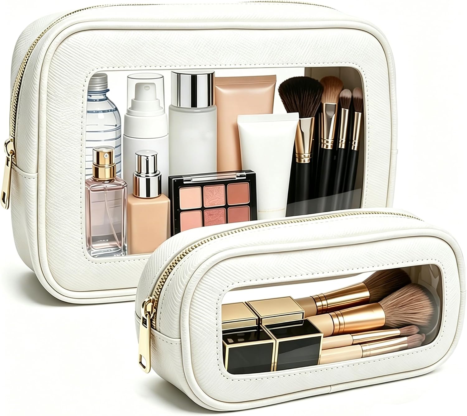 2Pcs Clear Makeup Bags Set - Portable Clear Cosmetic Bag Case Travel Makeup Brush Bag Waterproof Makeup Pouch TSA Approved Toiletry Bag Car Organizer Bag for Women (White Set)
