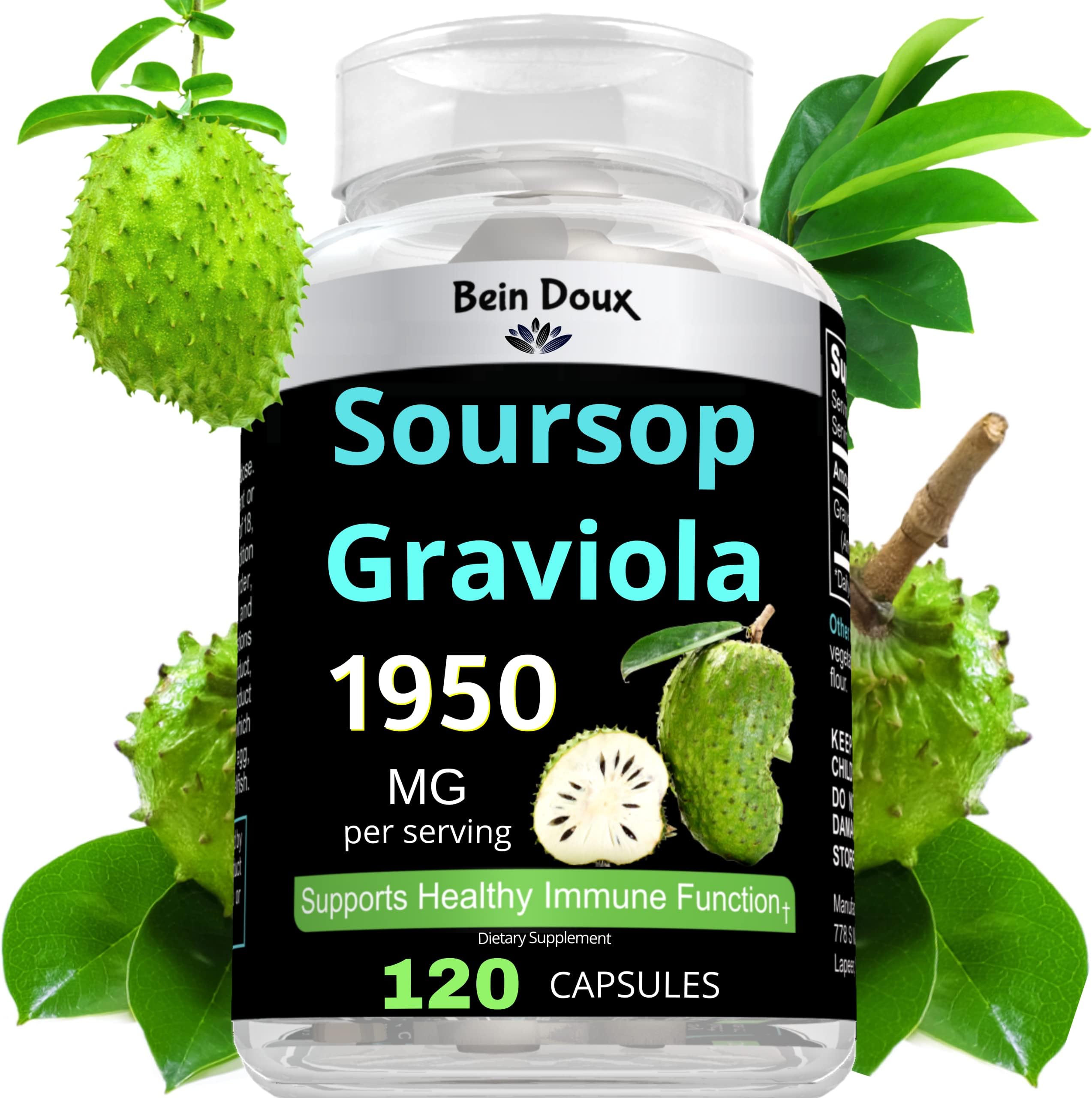 BEIN DOUX 1950mg Soursop Graviola Capsules (Guanábana) Organic Leaves Powder Rich in Potent Anti-Oxidants - 120 Capsules 40 Servings