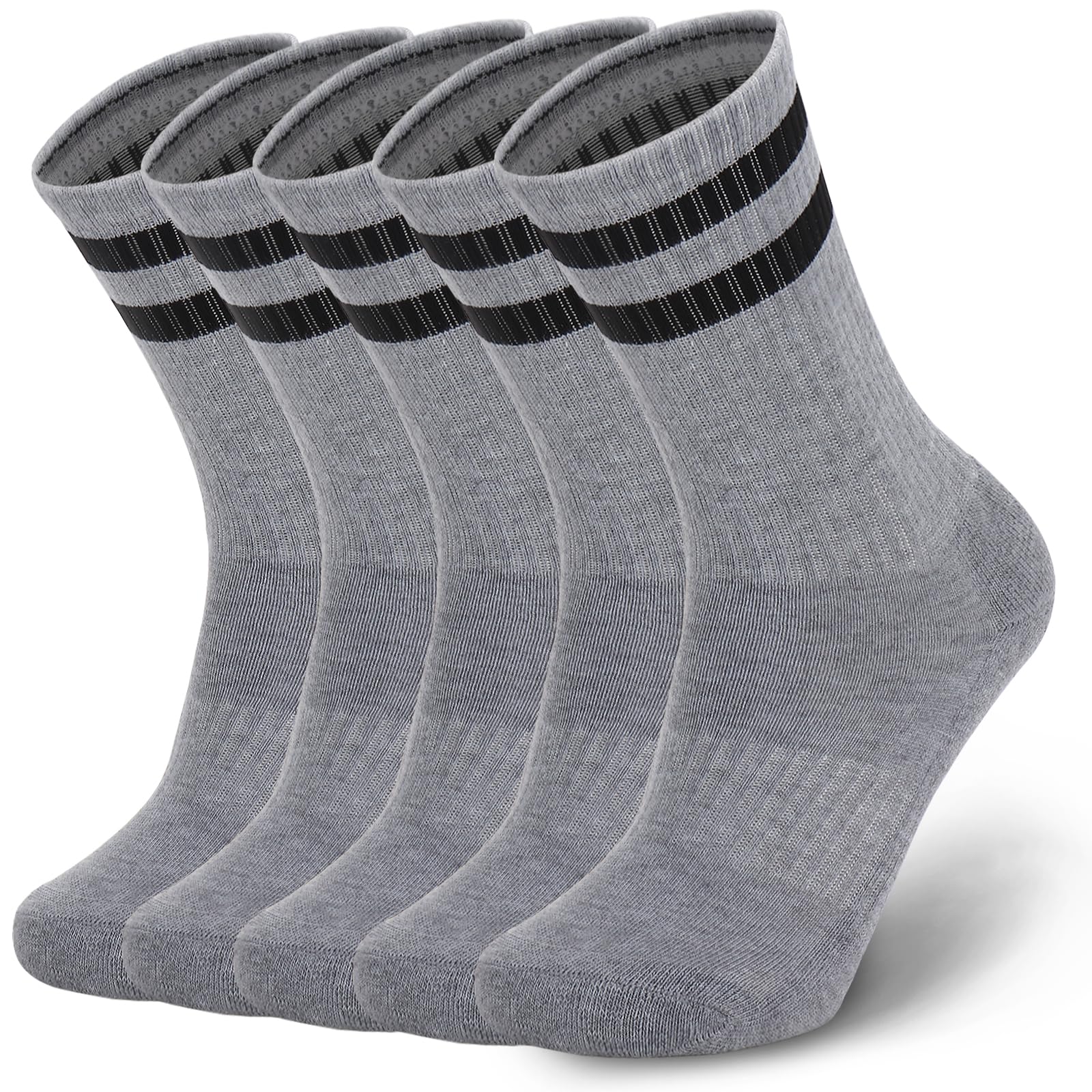 Ultrafun 5 Pairs Striped Crew Socks Cotton Cushioned Athletic Sports Running Socks for Men Women Teens