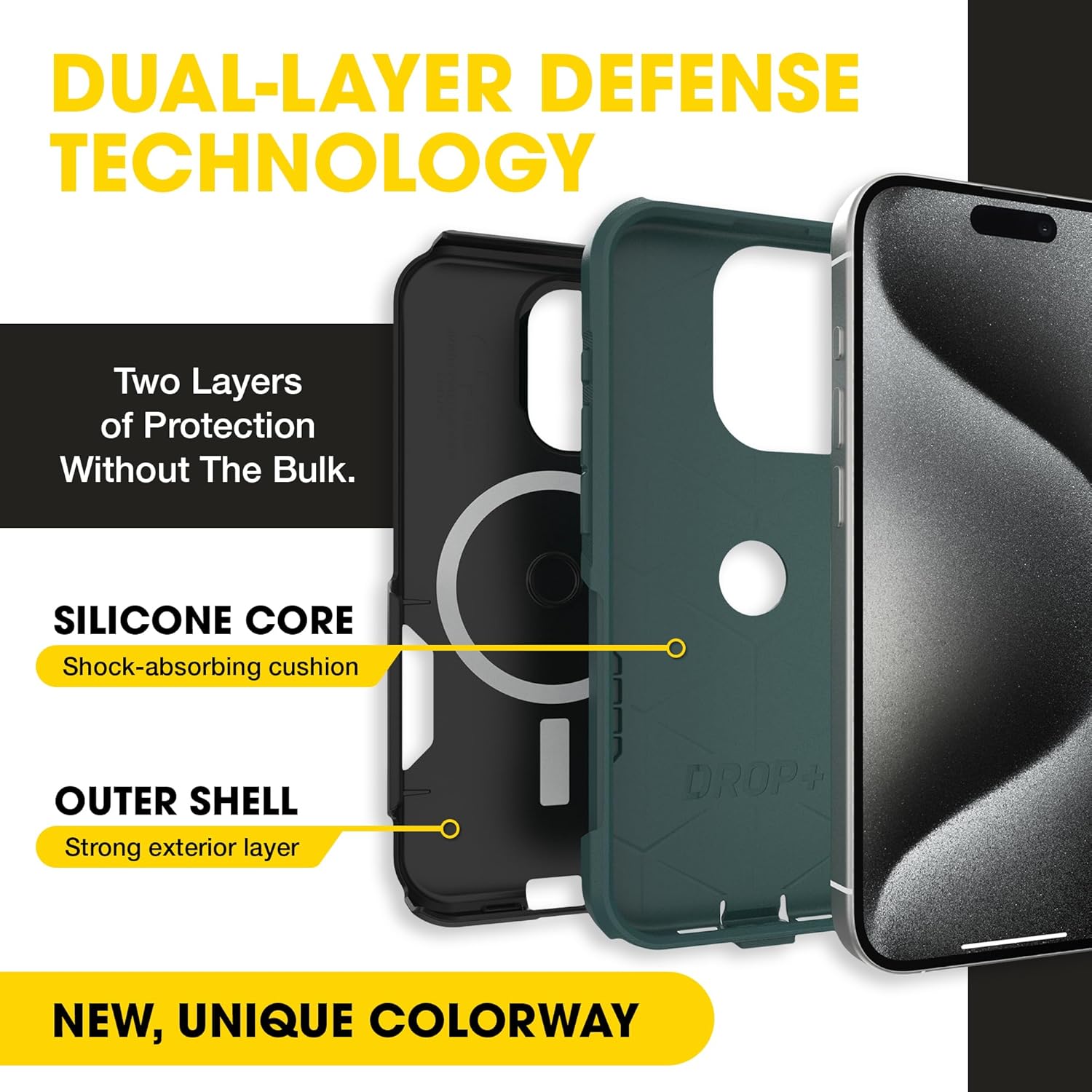 OtterBox iPhone 15 PRO (Only) – Commuter Series Case – Thin, Dual-Layer, Pocket-Friendly, Port Cover – Black/Green