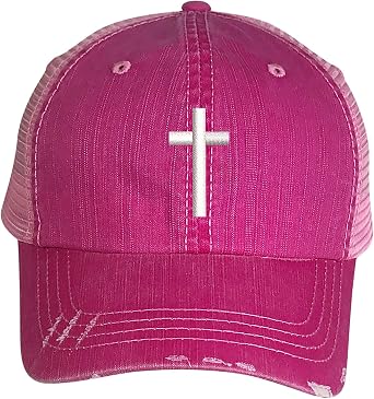 Cross Distressed Trucker Hat - Embroidered Trucker Baseball Hat Pink