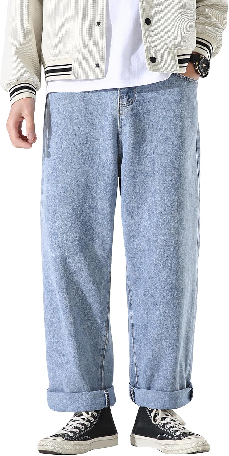 DOSLAVIDA Men's Work Jeans Casual Hip Hop Cargo Solid Color Loose Fit Straight Wide Leg Cotton Denim Pants with Zipper - Image 2