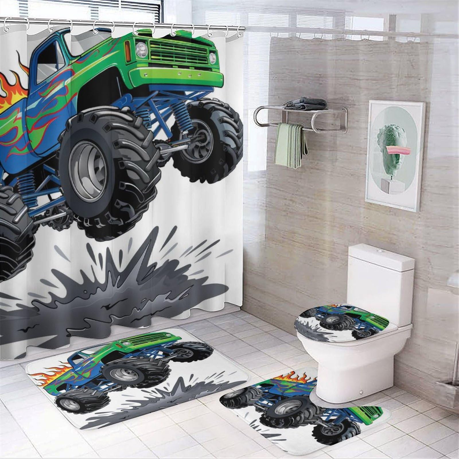 4 Piece Big Monster Truck Bathroom Set with Shower Curtain and Rugs, Colorful Cartoon Racing Car Bathroom Shower Curtain Set with Rug, Bath Mat,
