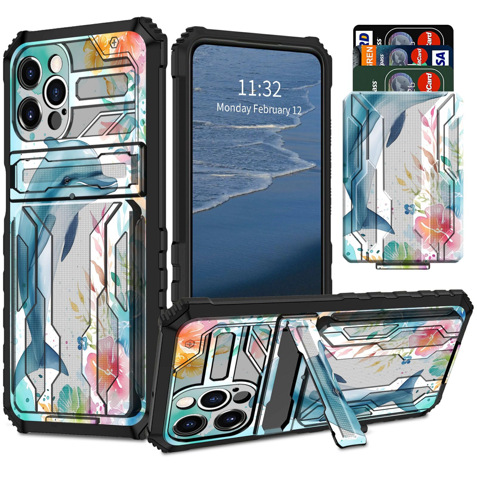 GFRGTFHYT for iPhone 16 Pro Max Phone Case 6.9" Wallet Credit Card Holder & Kickstand Dual Layer Hybrid Cover with Cute Dolphin Design Heavy Duty
