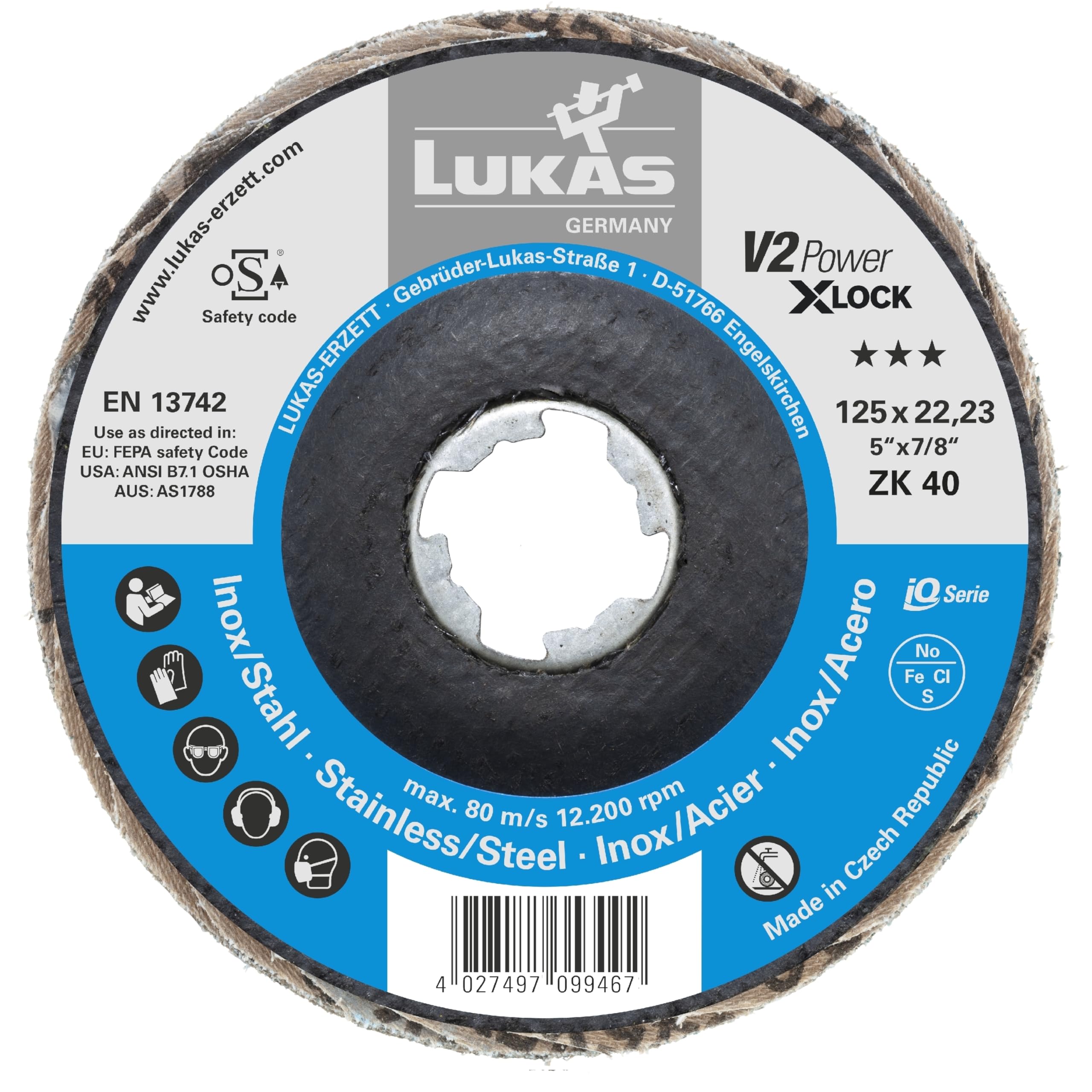 LUKAS-ERZETT Lot de 10 disques à lamelles V2 Power Ø 125 mm Corindon de zirconium grain 60 | pour meuleuse d'angle X-Lock | Plat - 13 x 12,5 x 17 cm