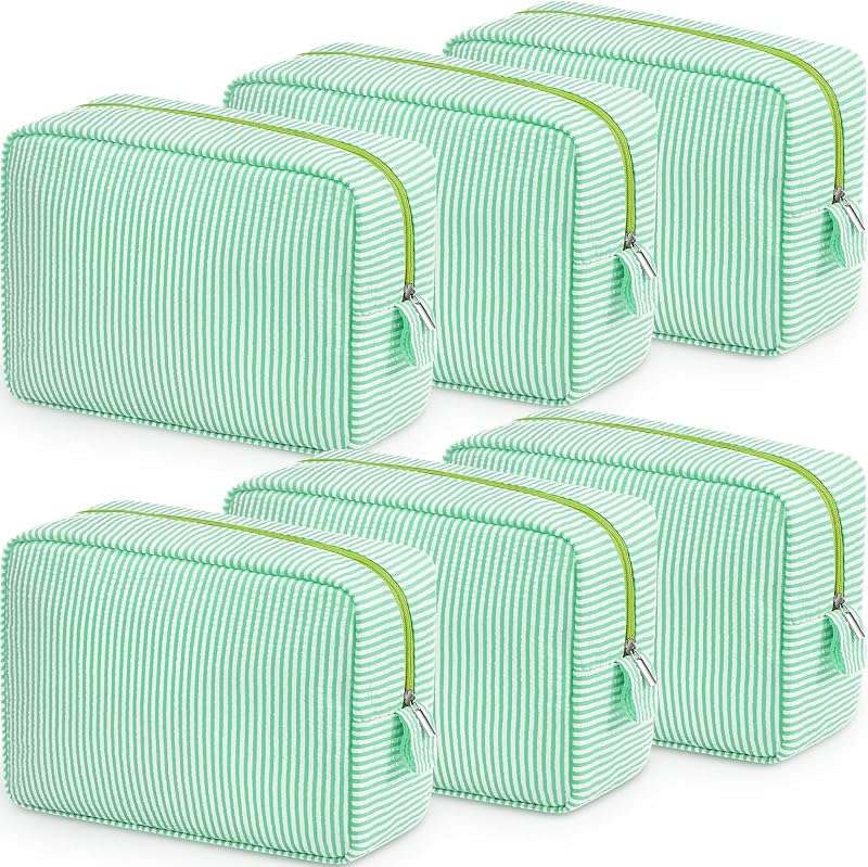 Sanwuta Necessaires de Maquiagem Listradas em Seersucker Verde, Pacote com 6
