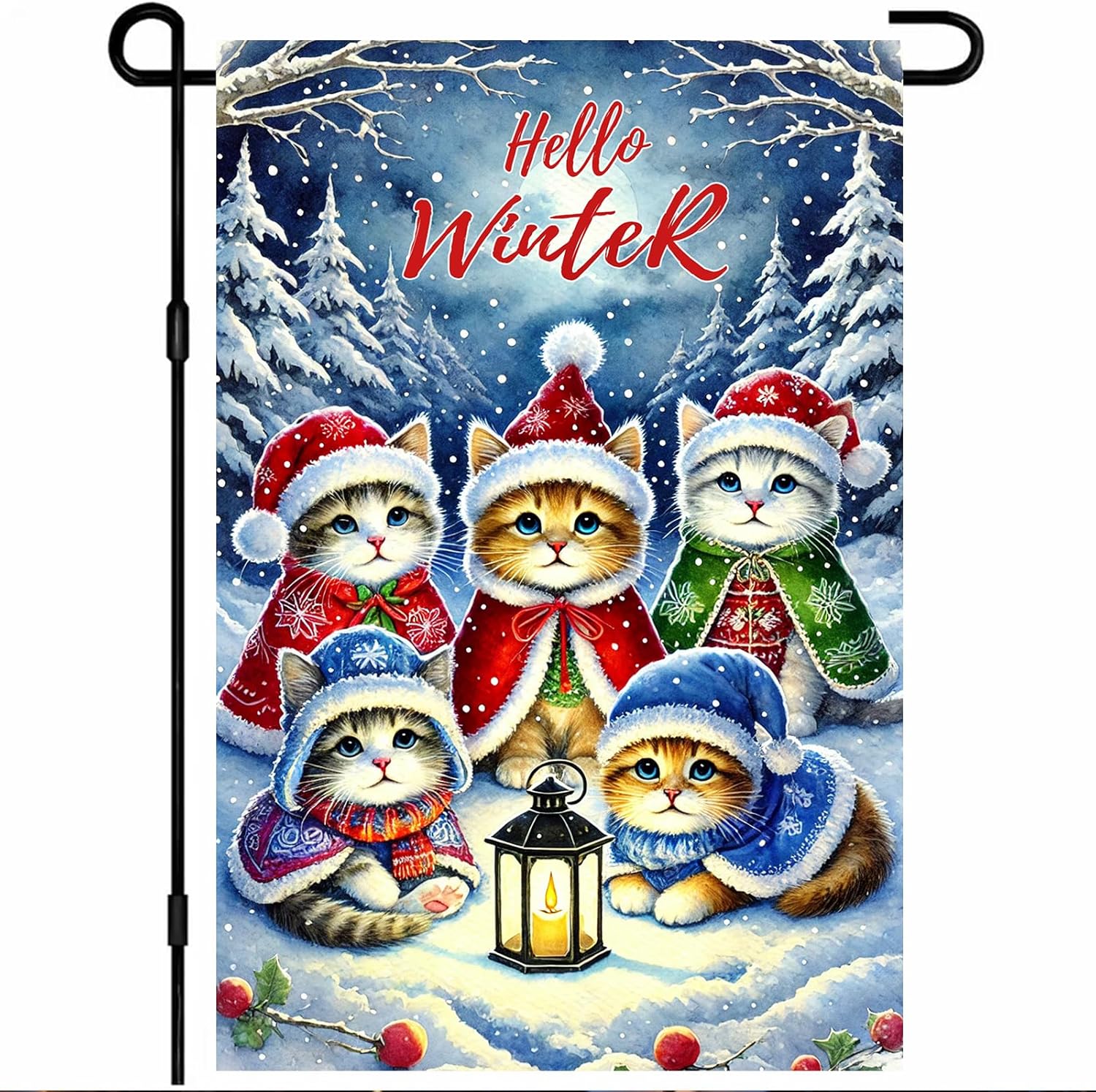 Winter Garden Flag 12x18 Inch Christmas Garden Flag Snowy Forest Kitty Yard Banner Seasonal Welcome Winter Cat Gardens Flags for Porch Lawn Patio Holiday Decor