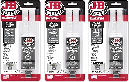 J-B Weld 50176 KwikWeld Steel Reinforced Epoxy Syringe - Dries Dark Grey - 25 ml, 3 PACK